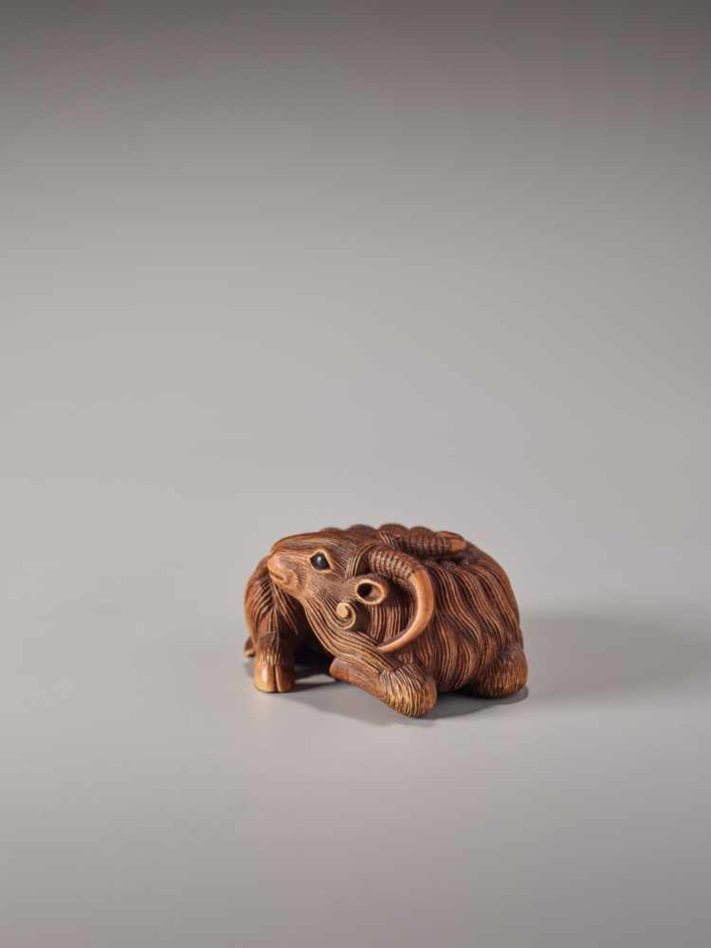 A FINE WOOD NETSUKE OF A RECUMBENT GOATWood netsukeJapan, Kyoto19th century, Edo period (1615-1868)A - Image 4 of 8