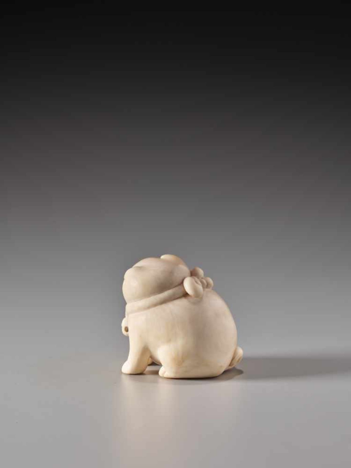 AN AMUSING IVORY NETSUKE OF A TUBBY PUPPY WITH BELLIvory netsukeJapanmid-19th century, Edo period ( - Image 4 of 6