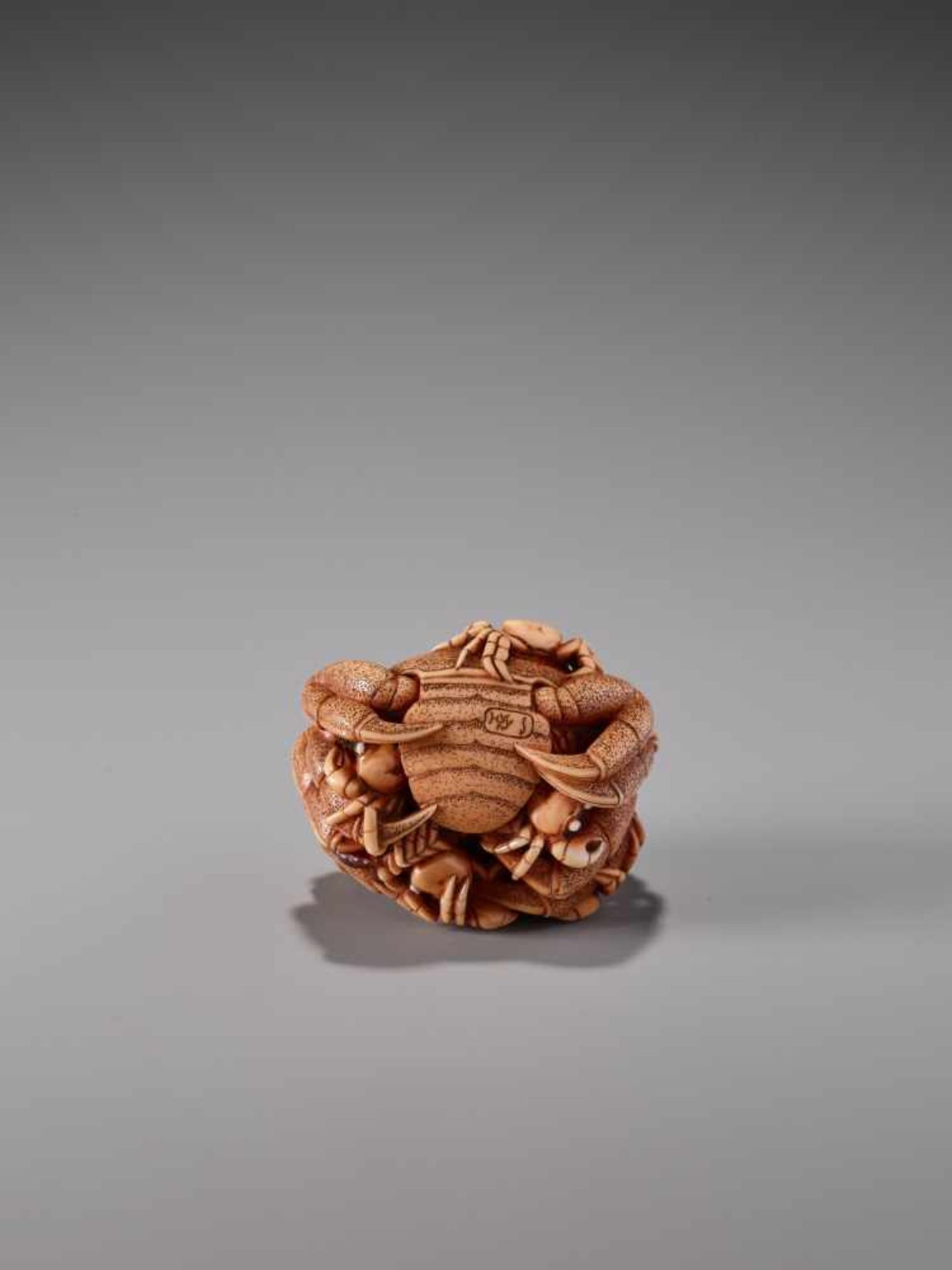 A FINE STAINED IVORY NETSUKE OF A CLUSTER OF CRABS BY IKKUIvory netsukeJapan20th centuryNot a lot is - Image 7 of 9