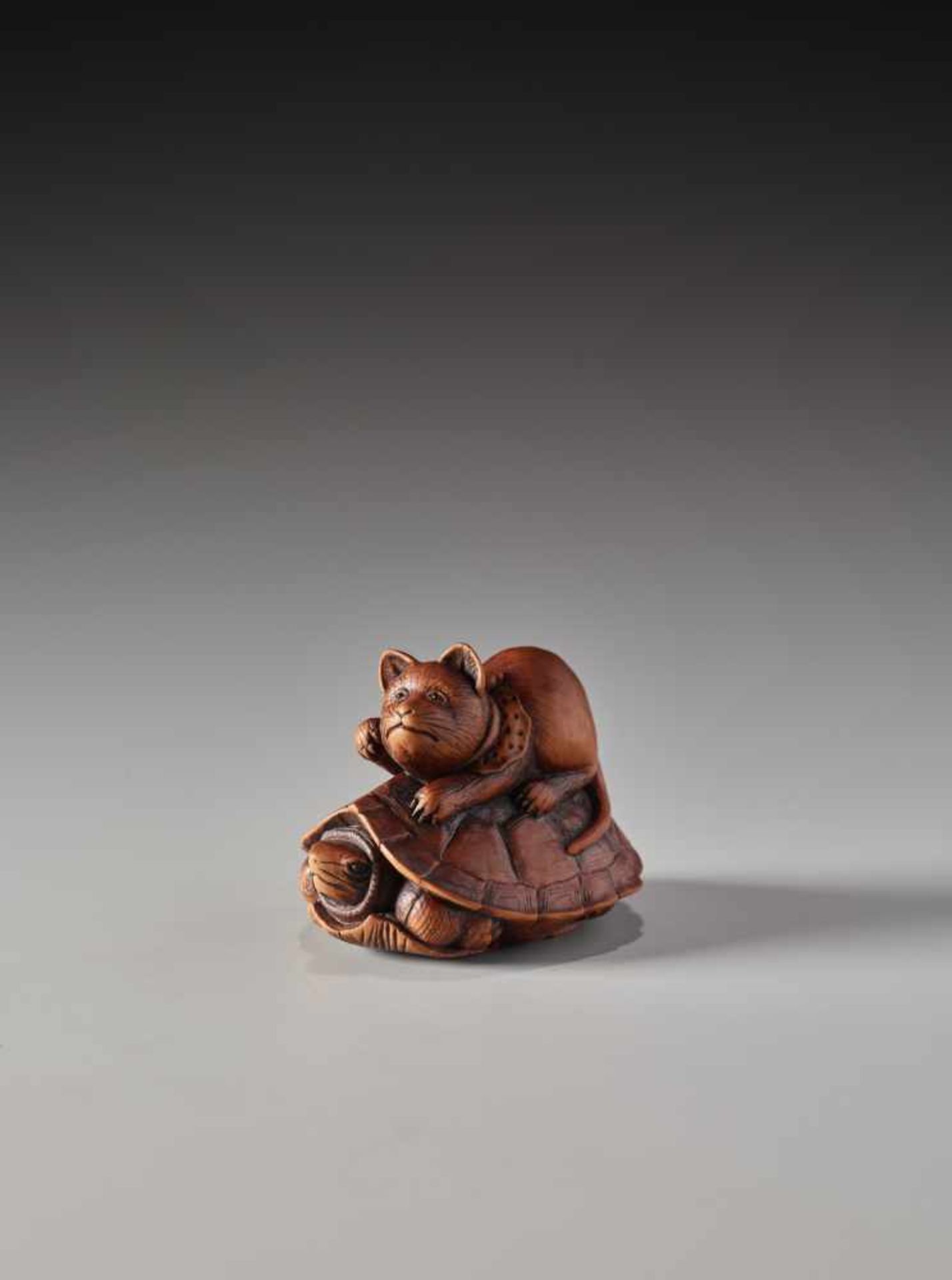 A RARE WOOD NETSUKE OF A CAT AND TORTOISE BY SHOKINWood netsukeJapan19th century, Edo period (1615-