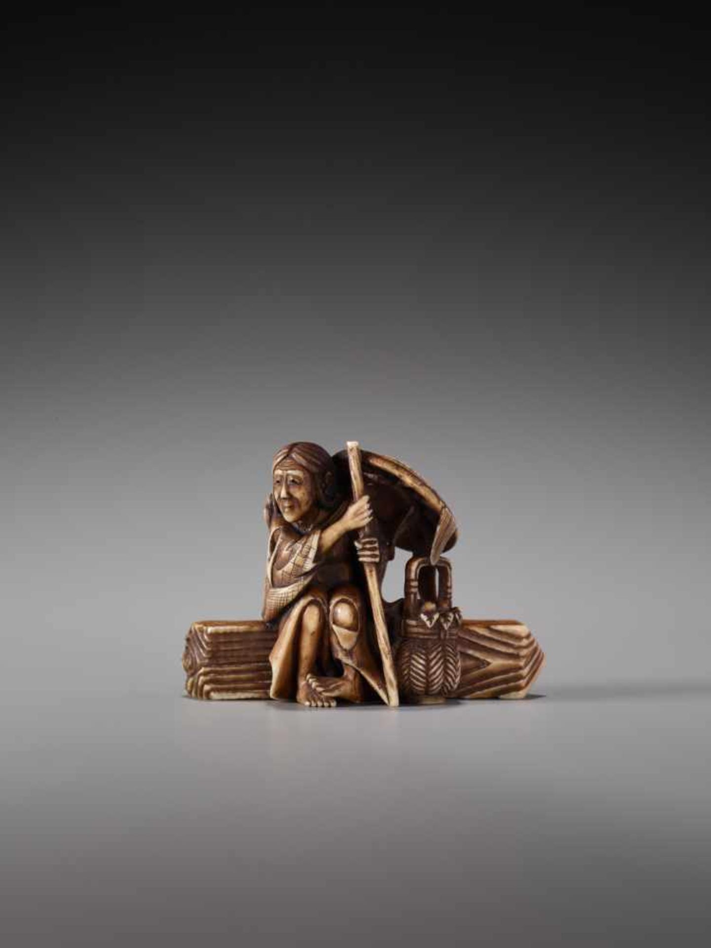 A FINE IVORY NETSUKE OF ONO NO KOMACHI SEATED ON A SOTOBA BY CHIKUHOIvory netsukeJapanlate 19th - Image 6 of 10