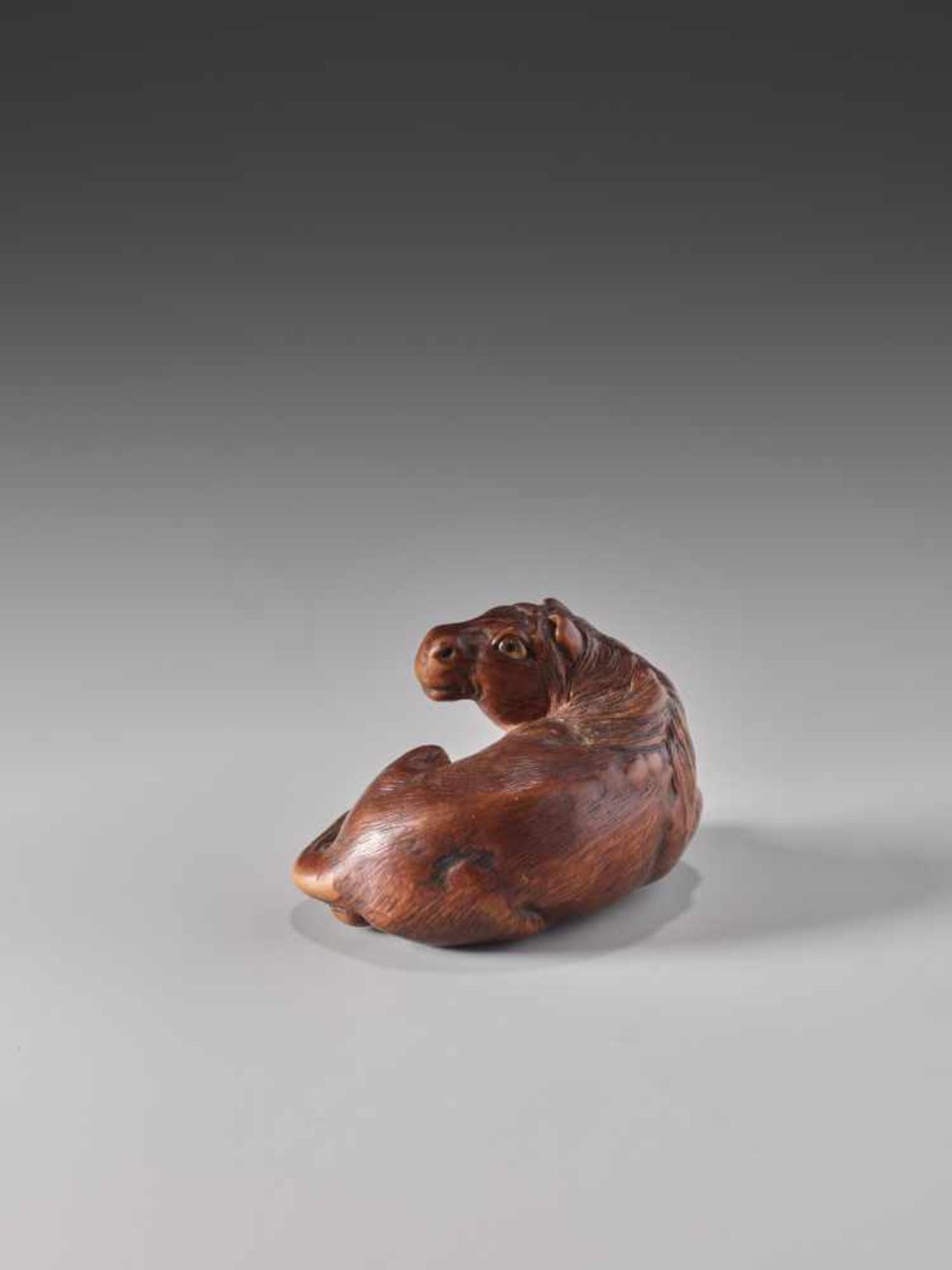 A RARE WOOD NETSUKE OF A RECUMBENT HORSE BY KOKEIWood netsukeJapan, Tsu, Kuwana, Ise Provincefirst - Image 7 of 12