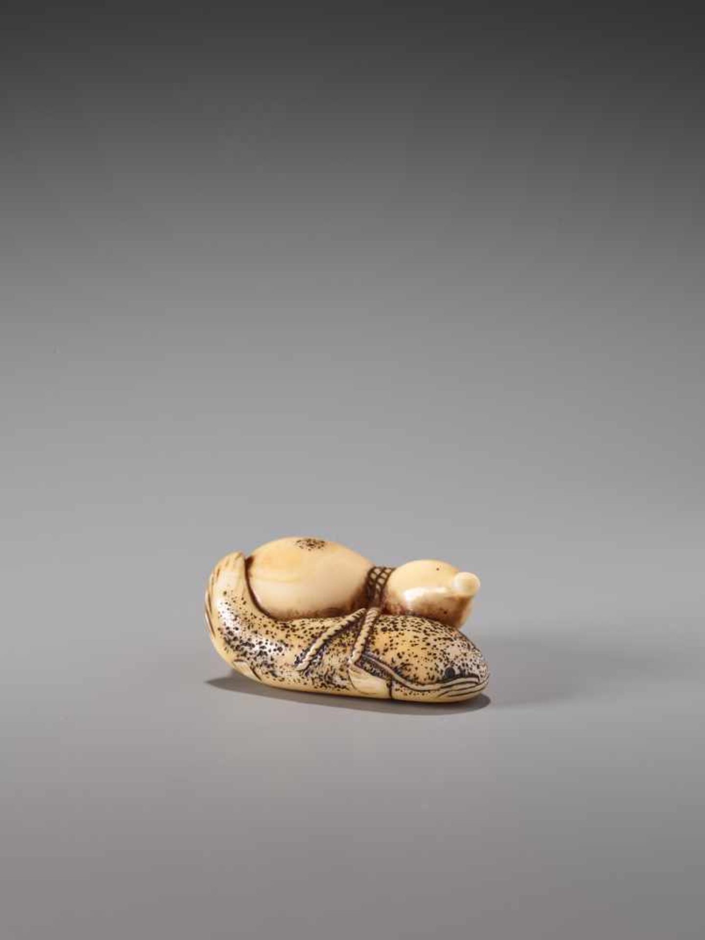 A FINE IVORY NETSUKE OF A NAMAZU TIED TO A GOURDIvory netsukeJapanearly 19th century, Edo period ( - Image 2 of 8