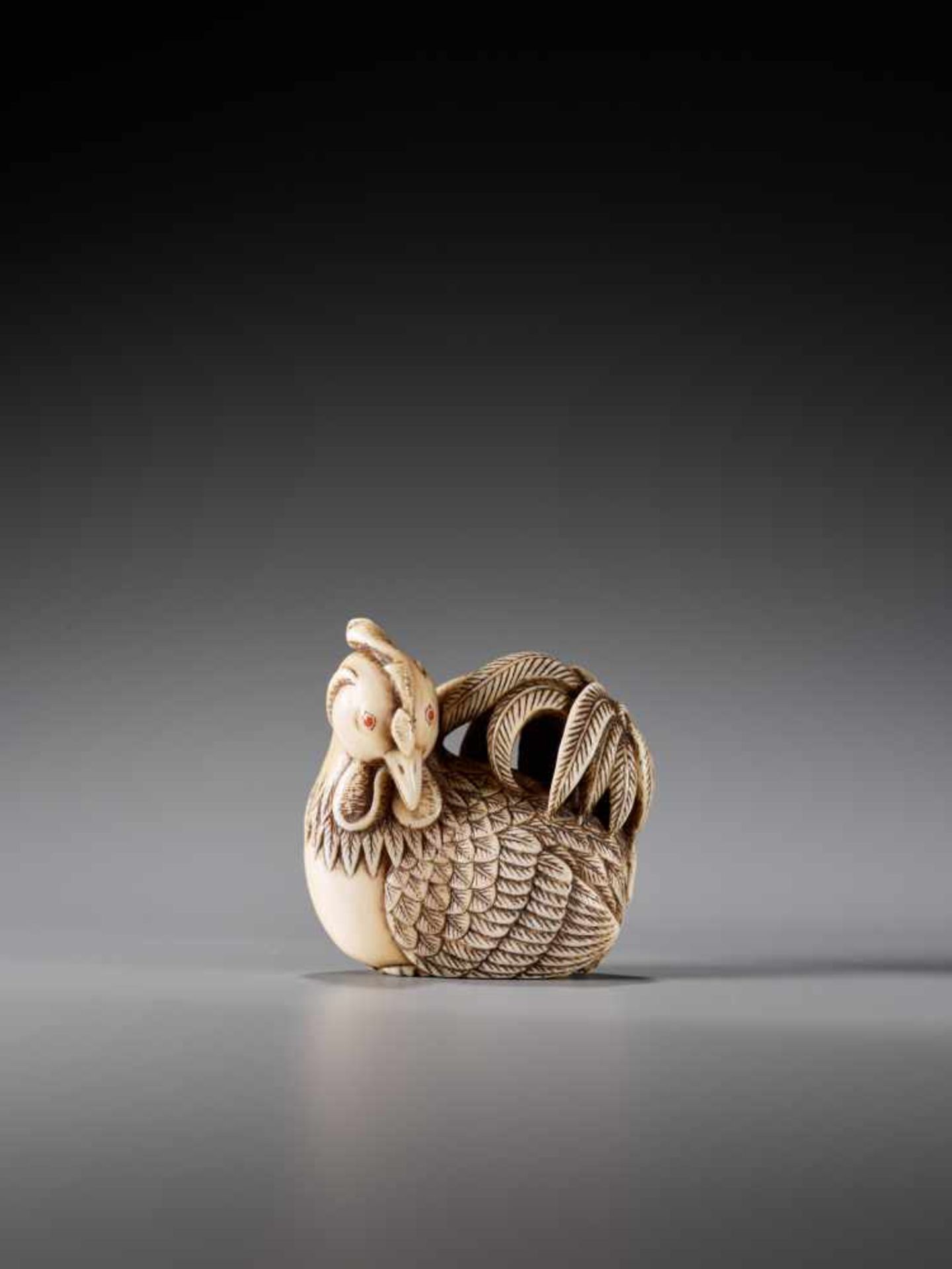 A FINE AND UNUSUAL IVORY NETSUKE OF A COCKEREL SIGNED MASANAOIvory netsukeJapan, Kyoto19th - Image 2 of 9