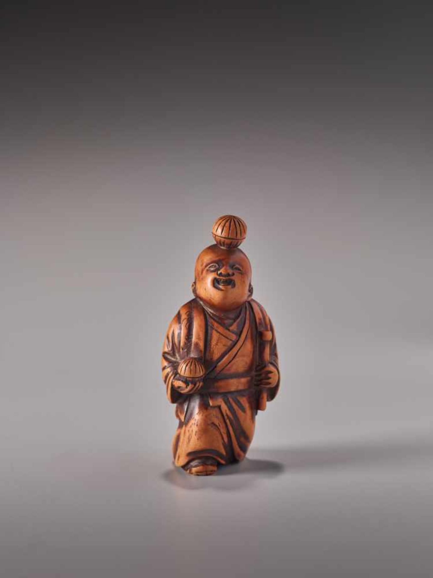 A WOOD NETSUKE OF A JUGGLING BOYWood netsukeJapan19th century, Edo period (1615-1868)This karako - Image 2 of 5