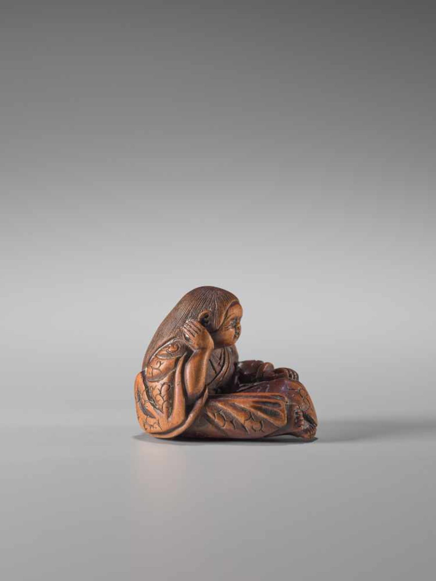 A WOOD NETSUKE OF A DRUNKEN SHOJO BY MASATADAWood netsukeJapan, Ise-Yamada19th century, Edo - Image 4 of 7