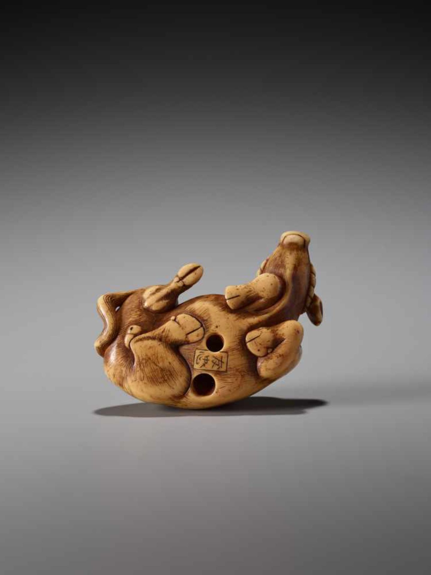 A POWERFUL IVORY NETSUKE OF A RECUMBENT OX BY TOMOTADAIvory netsukeJapan, Kyoto18th century, Edo - Image 3 of 9