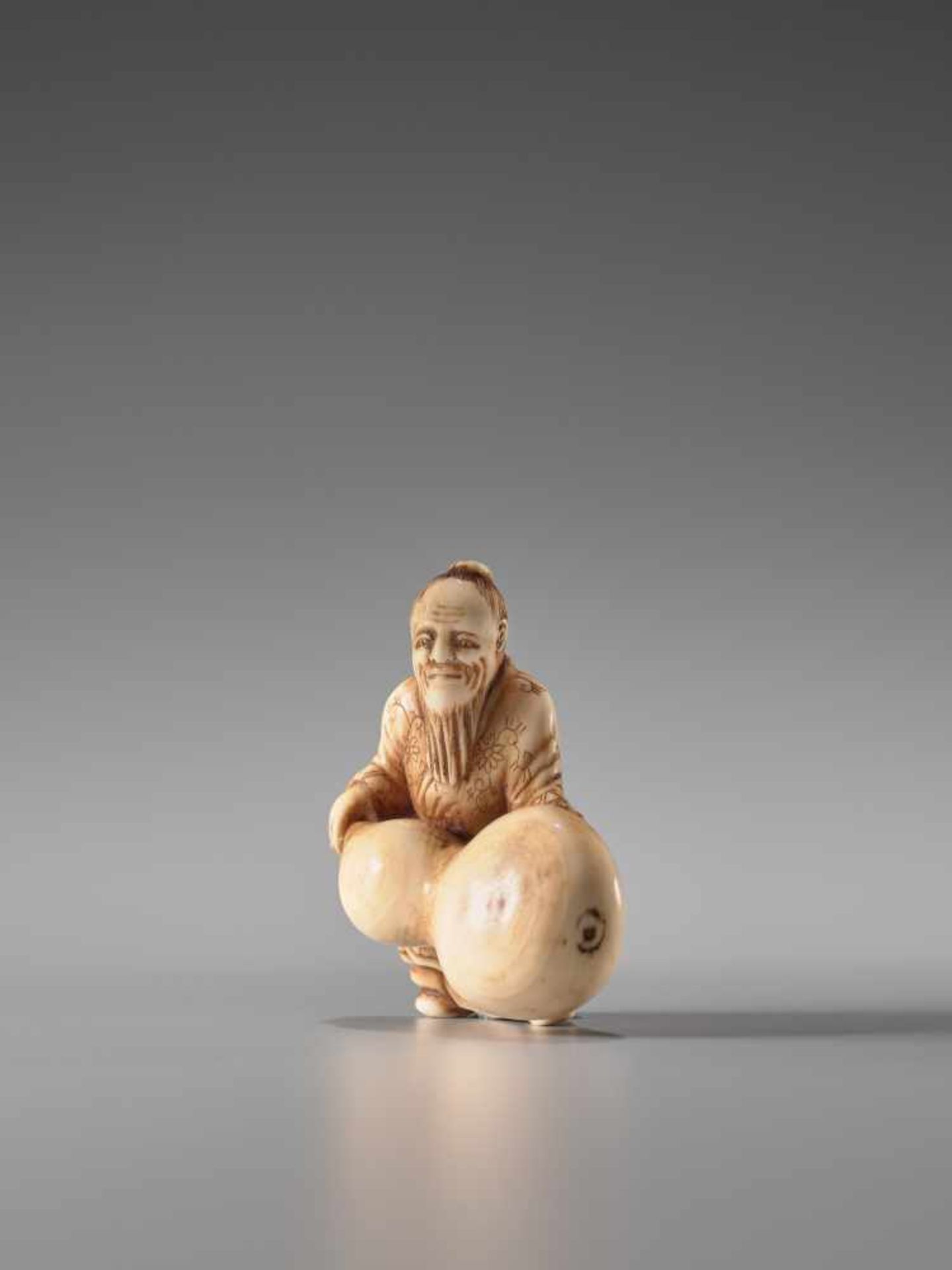 A SMALL IVORY NETSUKE OF CHOKARO SENNIN WITH GIANT HYOTANIvory netsukeJapanlate 19th century, - Image 2 of 6