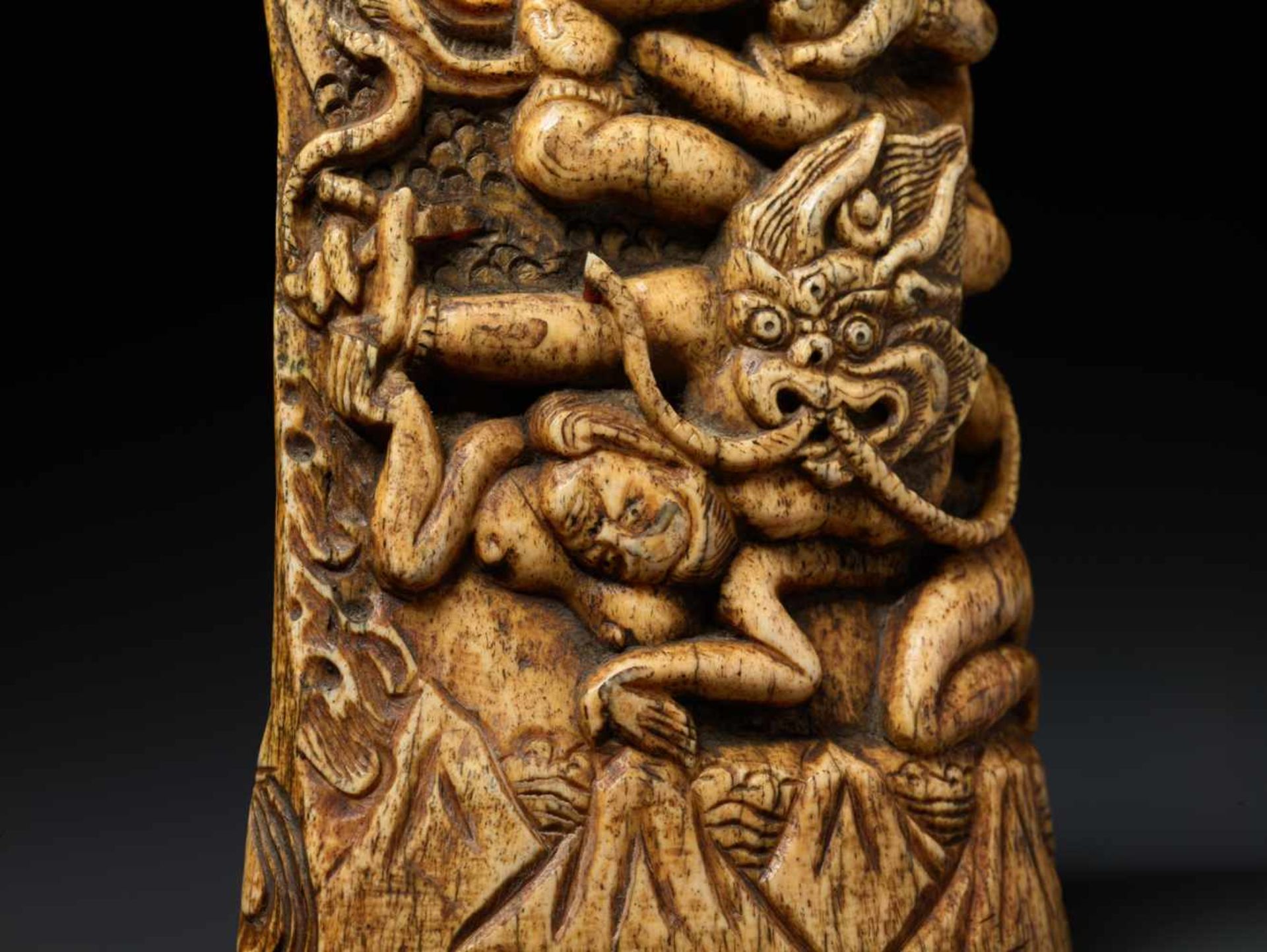 A VERY LARGE TANTRIC BONE CARVING WITH MAHAKALA AND VAJRAYOGINI, 17th – 18th CENTURYBone with - Image 6 of 14