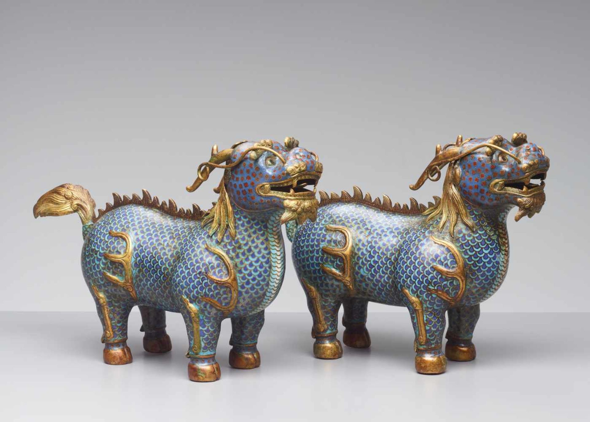 TWO CLOISONNÉ ENAMEL QILIN, QING DYNASTY The bronze bodies with polychrome cloisonné enamels and - Image 2 of 10