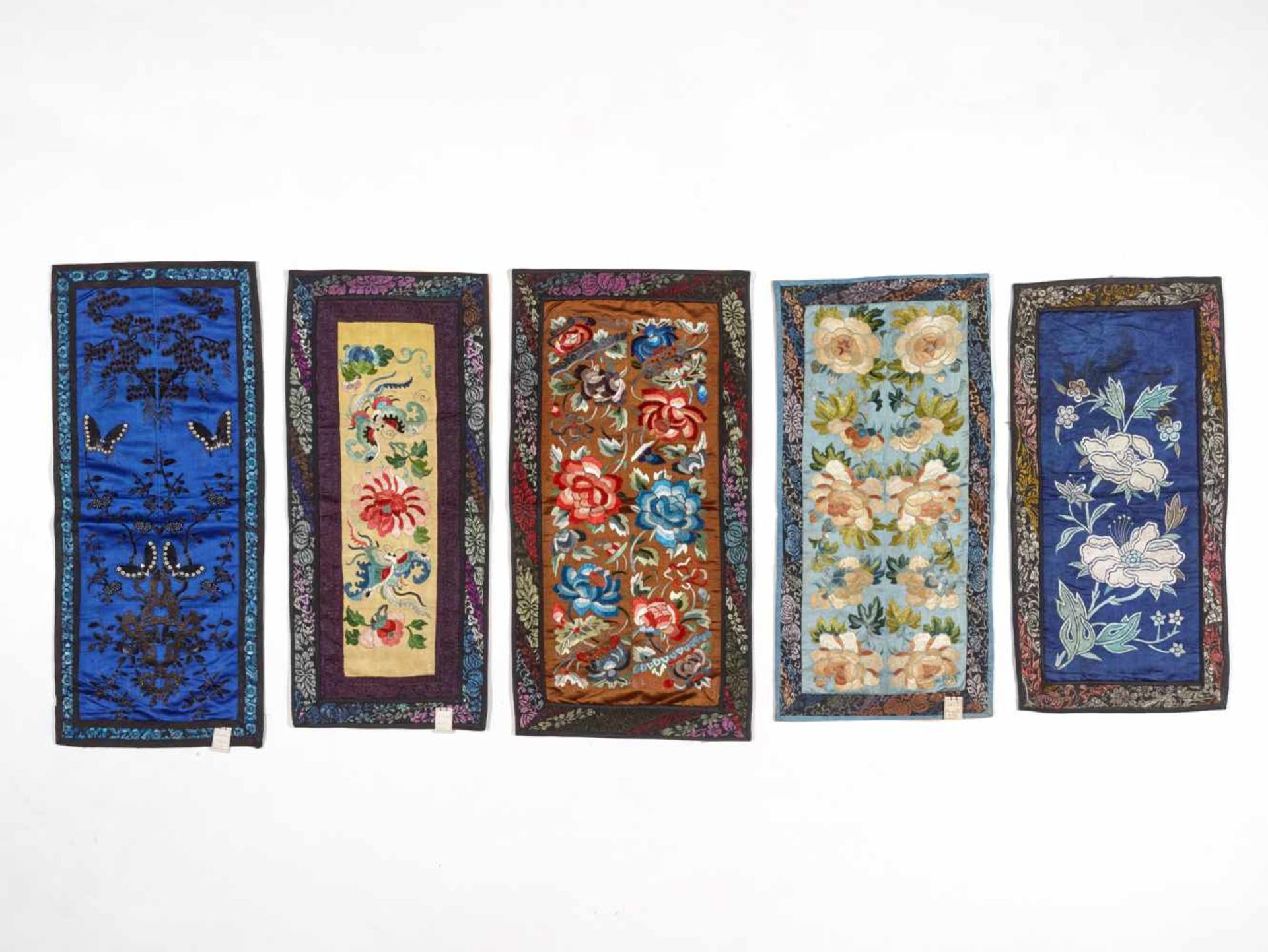 LOT WITH FIVE EMBROIDERIES ‘FLOWERS AND BUTTERFLIES’, 1920sSilk with multi-colored silk threads,