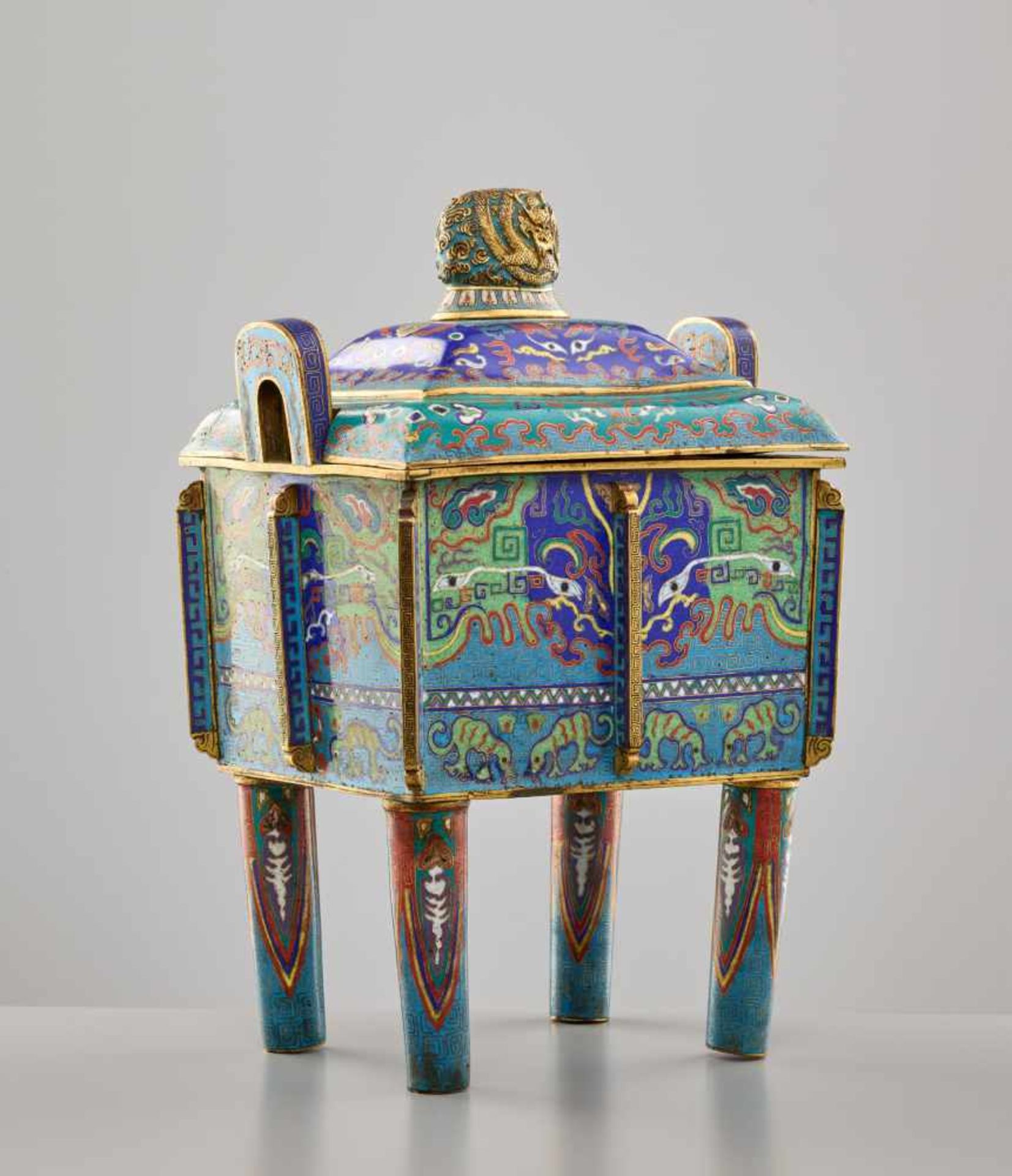 A CLOISONNÉ ENAMEL CENSER AND COVER, FANGDING, QING DYNASTYThe massively cast bronze vessel with - Image 2 of 15