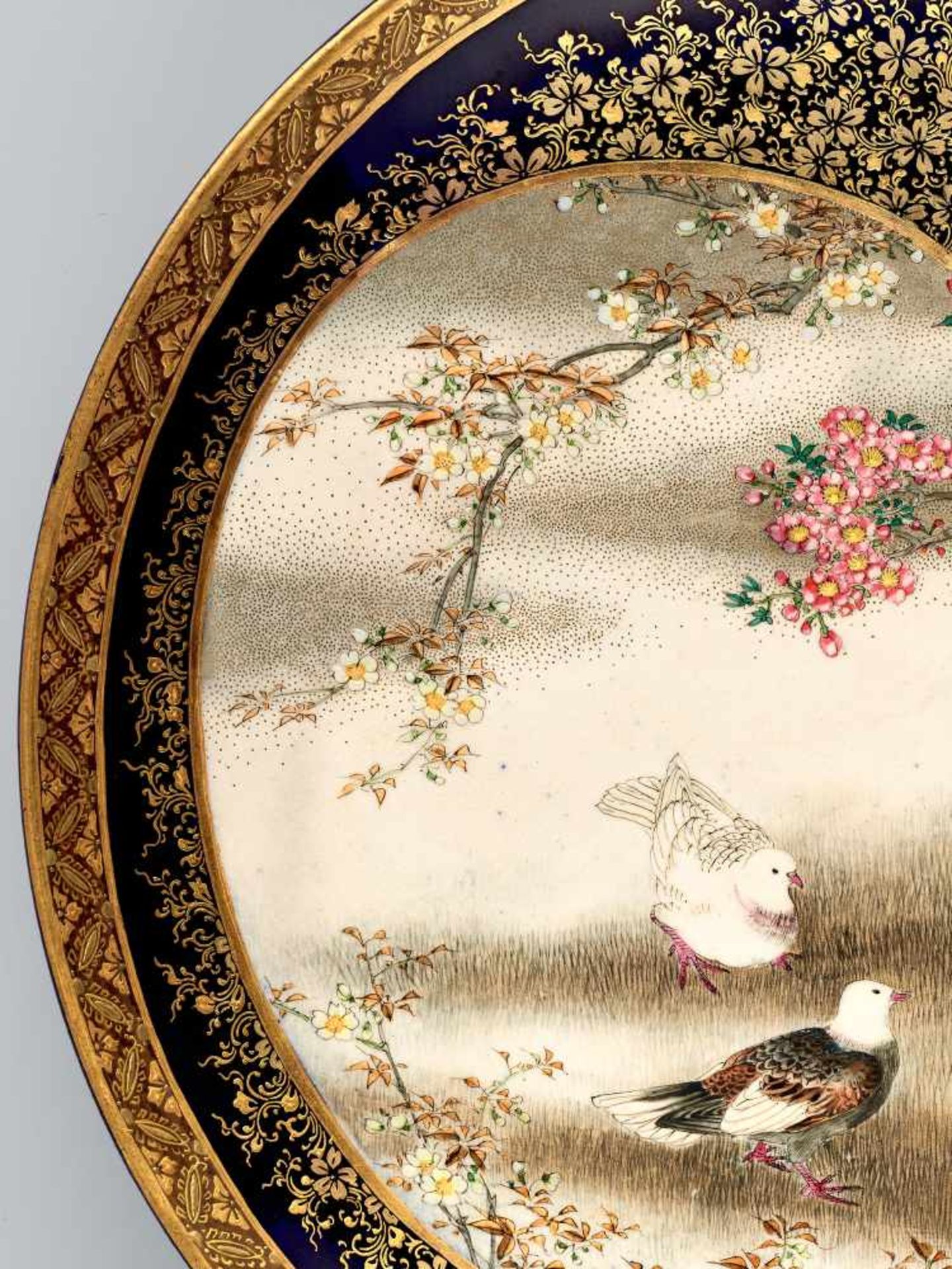 A MARVELLOUS SATSUMA PLATE BY KINKOZAN DEPICTING DOVES WITH CHERRY BLOSSOMSSatsuma ceramicJapan, - Image 3 of 7