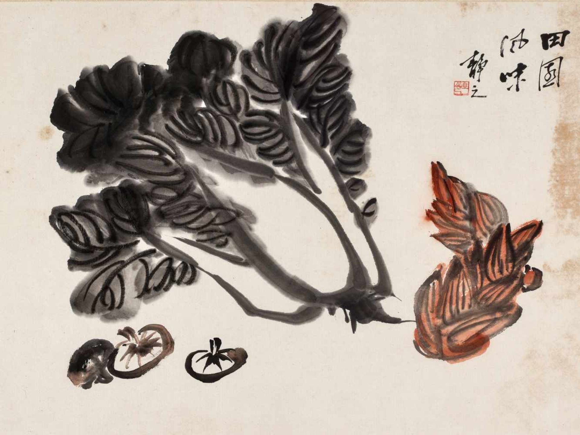 A ‘PAK CHOI, SHITAKE AND BAMBOO SHOOT’ PAINTING BY JING ZHI, 20th CENTURY Ink and color on paper,