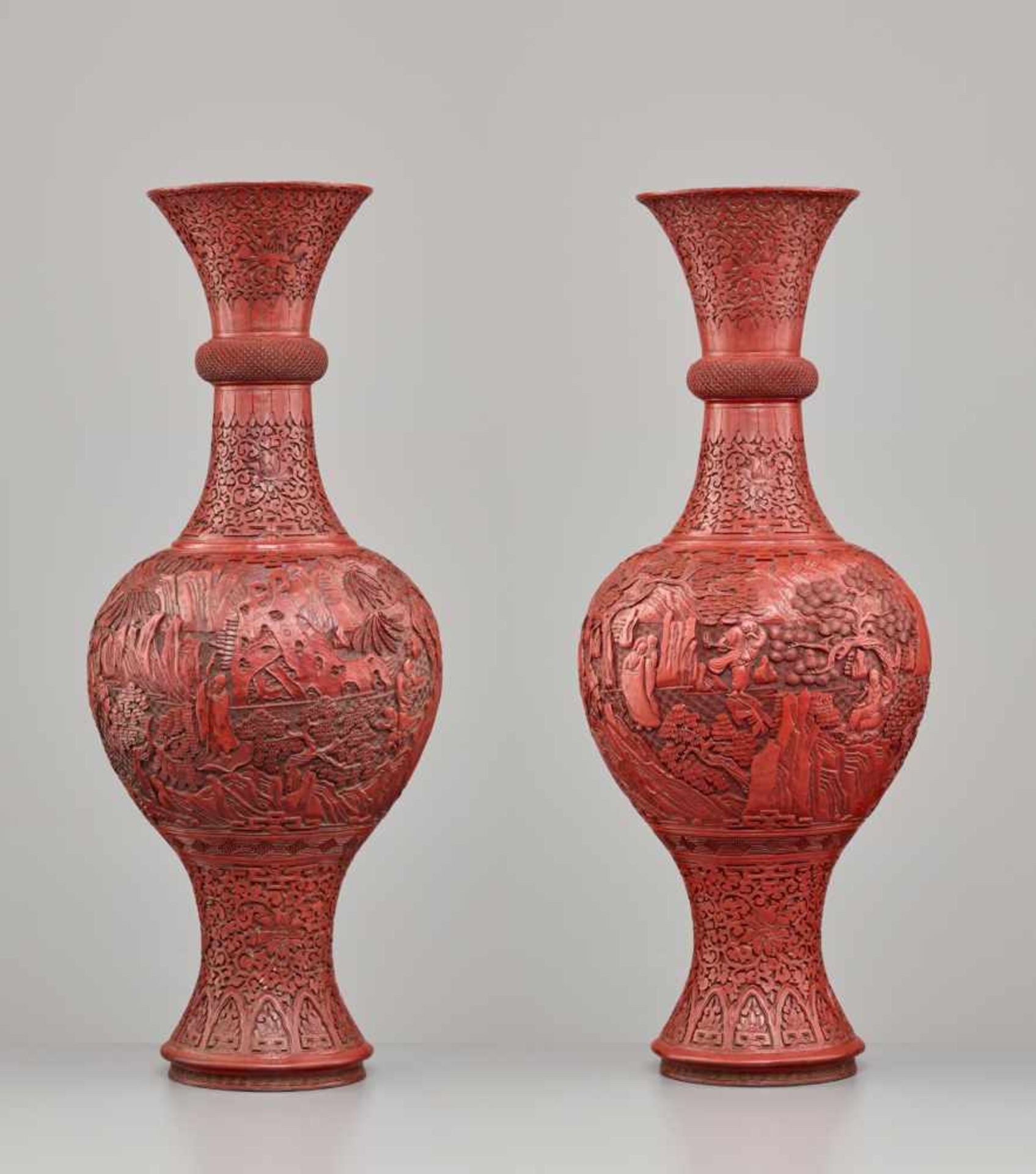 A LARGE PAIR OF CINNABAR LACQUER ‘EIGHT IMMORTALS’ VASES, QING DYNASTYThe body entirely covered with - Image 4 of 26