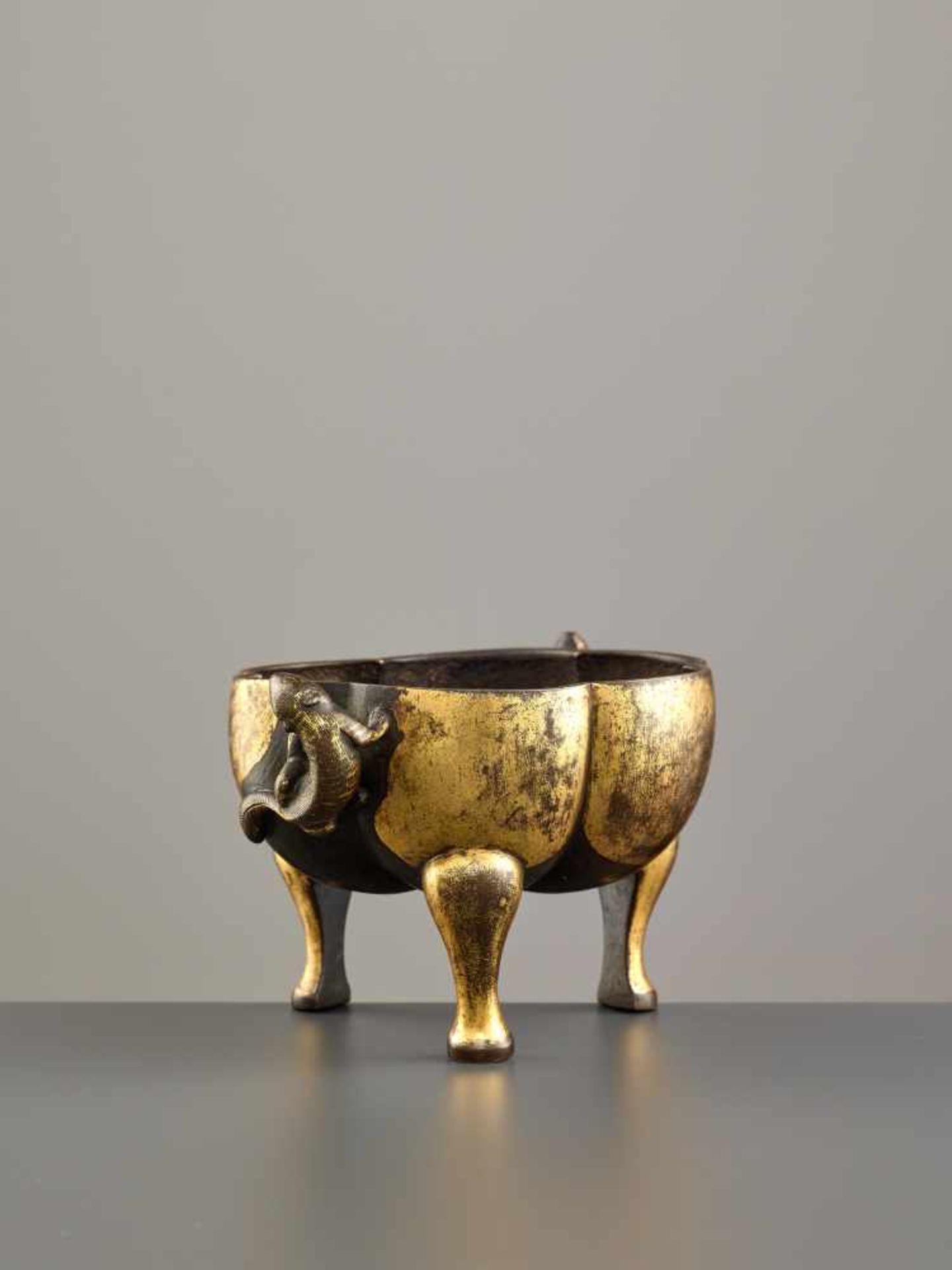 A PARCEL GILT TRIPOD CENSER WITH MONGOOSES, MING DYNASTY Parcel gilt copper bronze alloy, cast and - Image 2 of 9