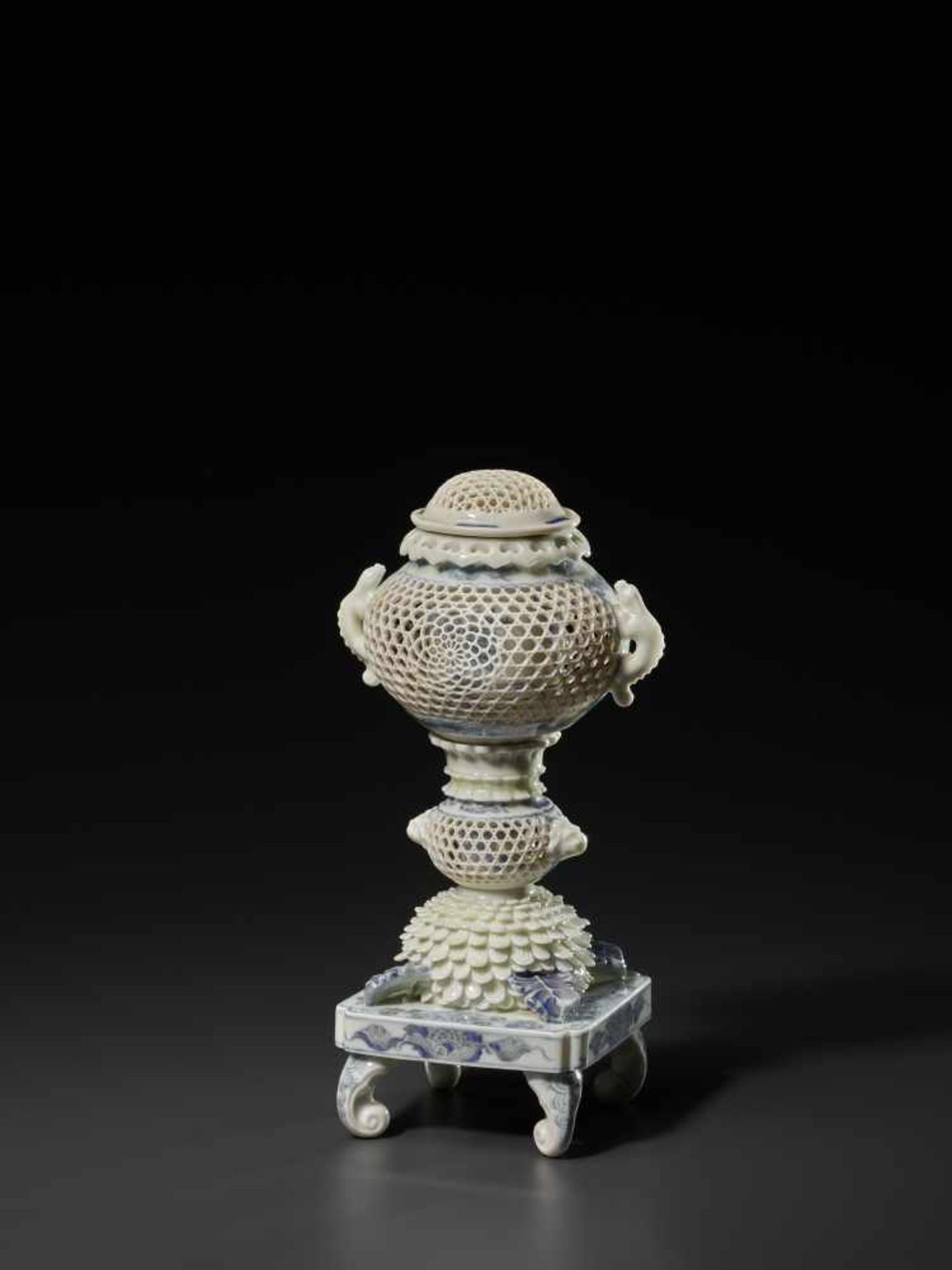 A FINE BLUE AND WHITE RETICULATED HIRADO PORCELAIN KORO (INCENSE BURNER)Hirado porcelainJapan,