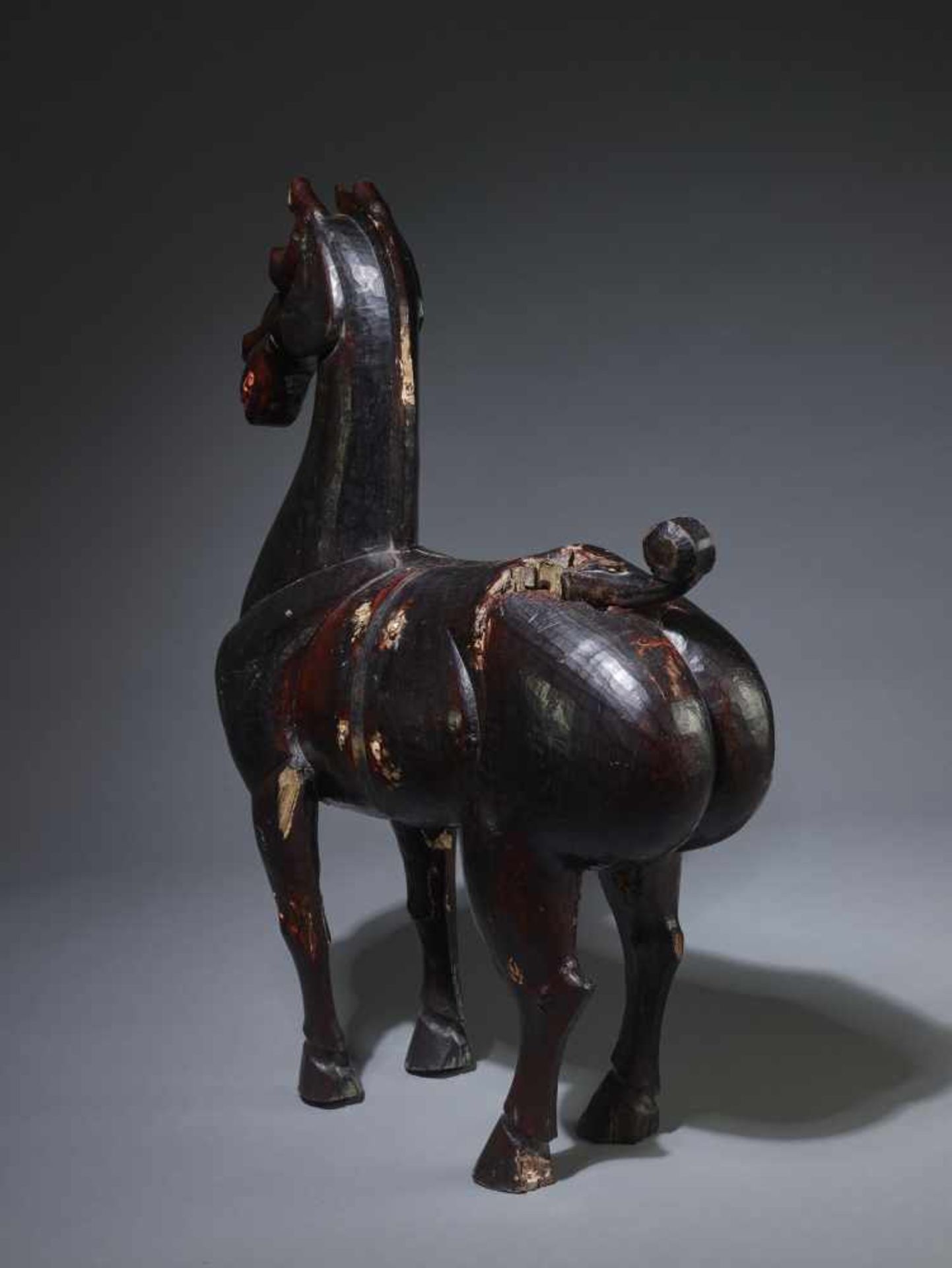 A LARGE AND MASSIVE LACQUERED WOOD STATUE OF A HORSE, SICHUAN, HAN DYNASTY Carved of two jointed - Image 6 of 15