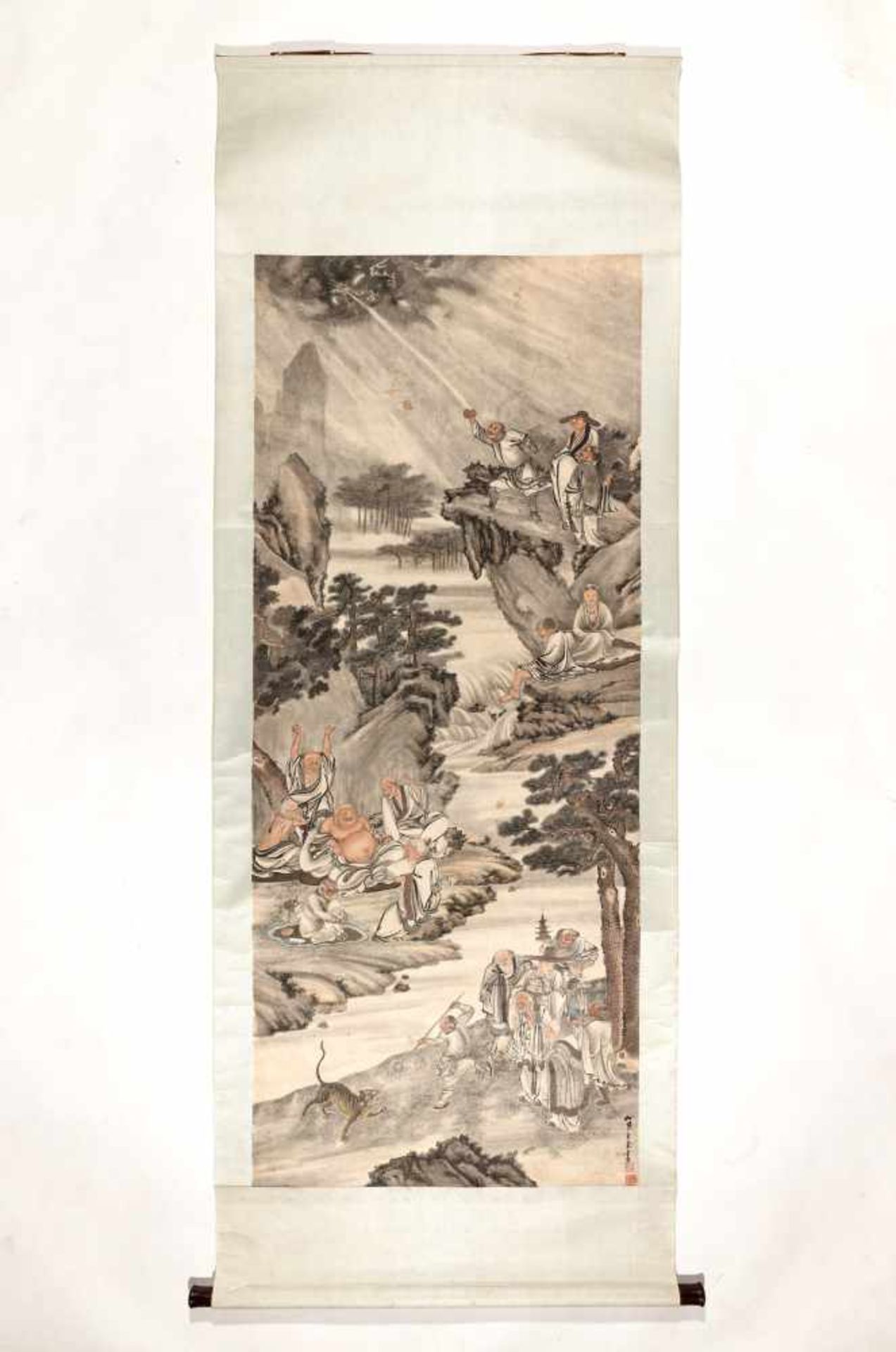 WANG SU (1794 – 1877), LARGE SCROLL PAINTING ‘EIGHTEEN LUOHAN’Wang Su (artist name Xiaomou) – well - Image 2 of 9