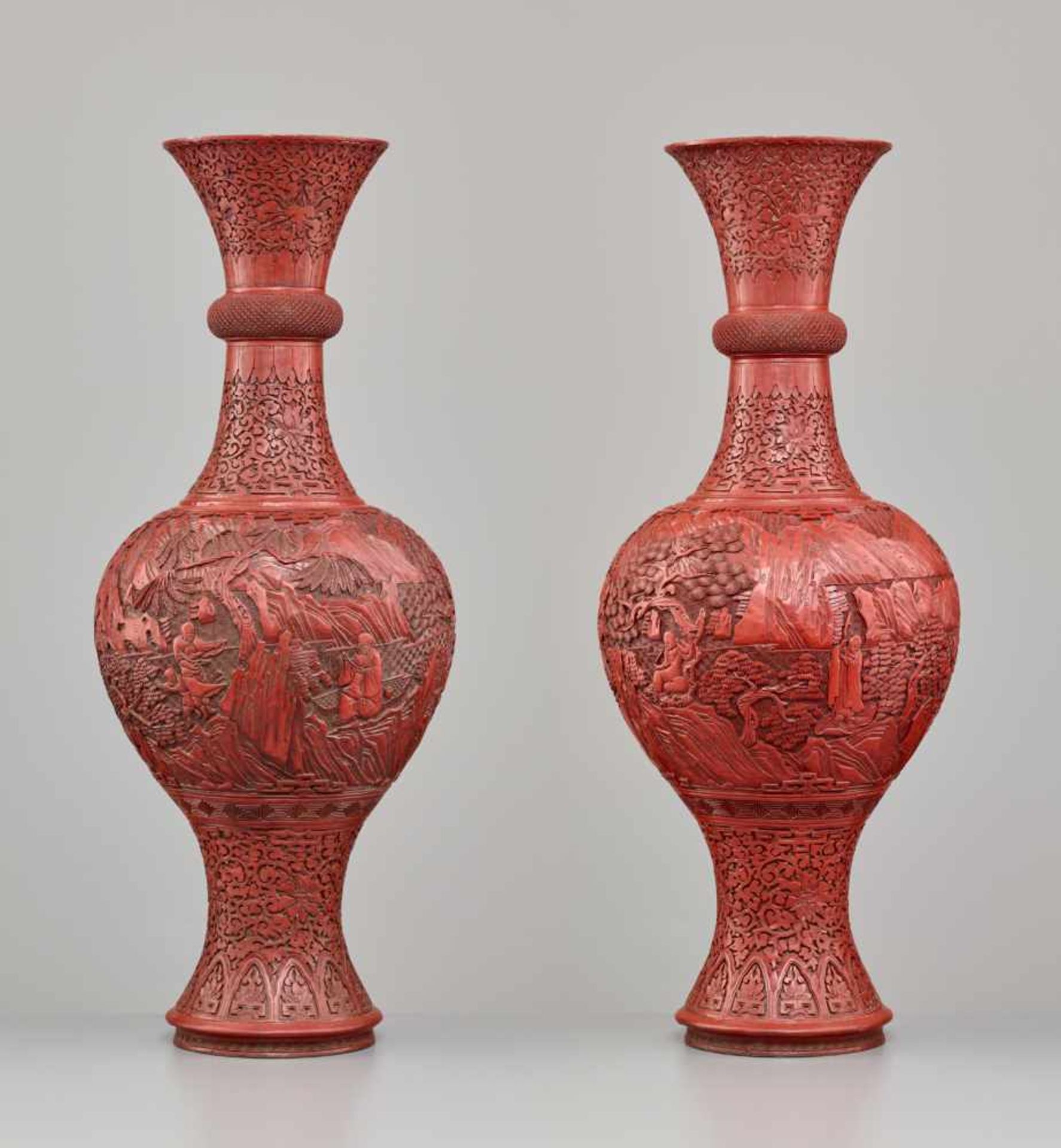 A LARGE PAIR OF CINNABAR LACQUER ‘EIGHT IMMORTALS’ VASES, QING DYNASTYThe body entirely covered with - Image 2 of 26