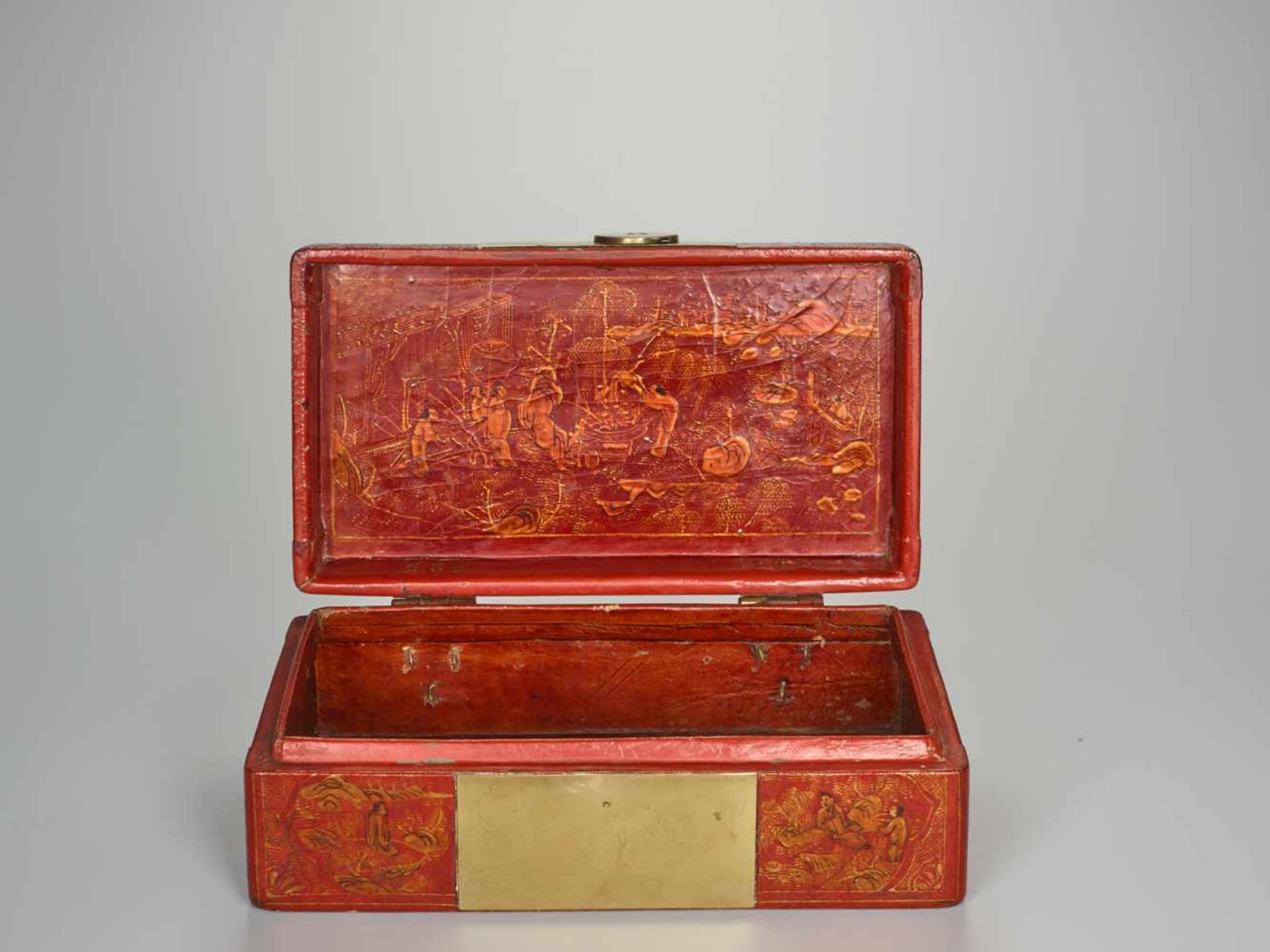 A BRASS FITTED PIG SKIN LACQUER BOX WITH VILLAGE SCENES, QING DYNASTY Pig skin on wooden body, - Image 4 of 11