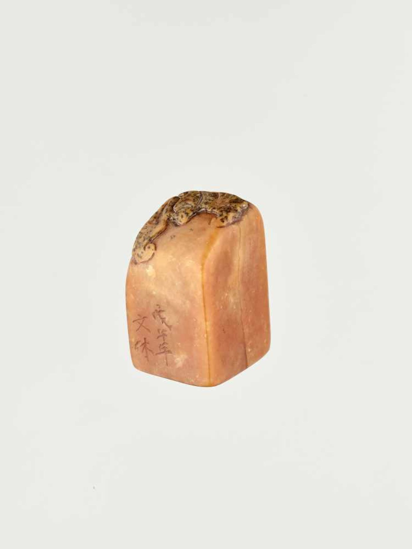 A QINGTIAN SOAPSTONE SEAL WITH BAT, DATED TO THE YEAR WU WUThe stone mottled in hues of honey and - Image 3 of 6