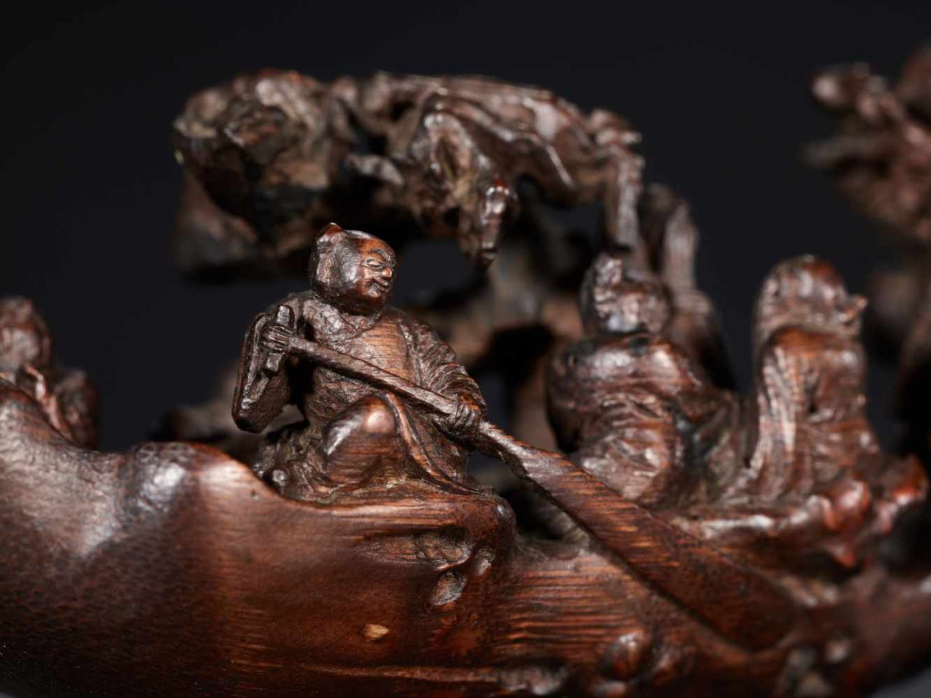 AN 18TH CENTURY BAMBOO-ROOT LOG RAFT CARVING WITH IMMORTALS Bamboo root China, 18th century This - Image 12 of 16
