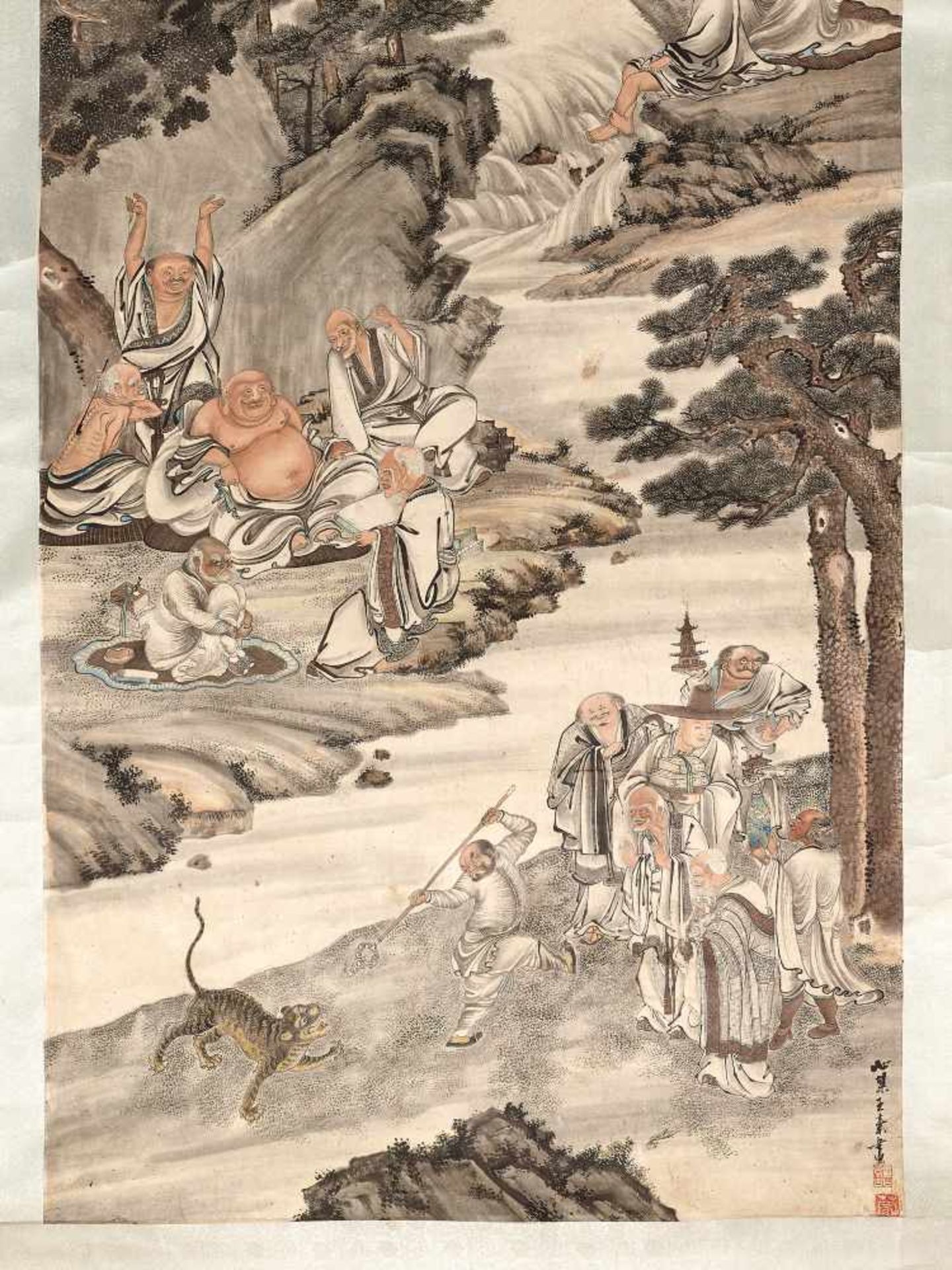 WANG SU (1794 – 1877), LARGE SCROLL PAINTING ‘EIGHTEEN LUOHAN’Wang Su (artist name Xiaomou) – well - Image 3 of 9