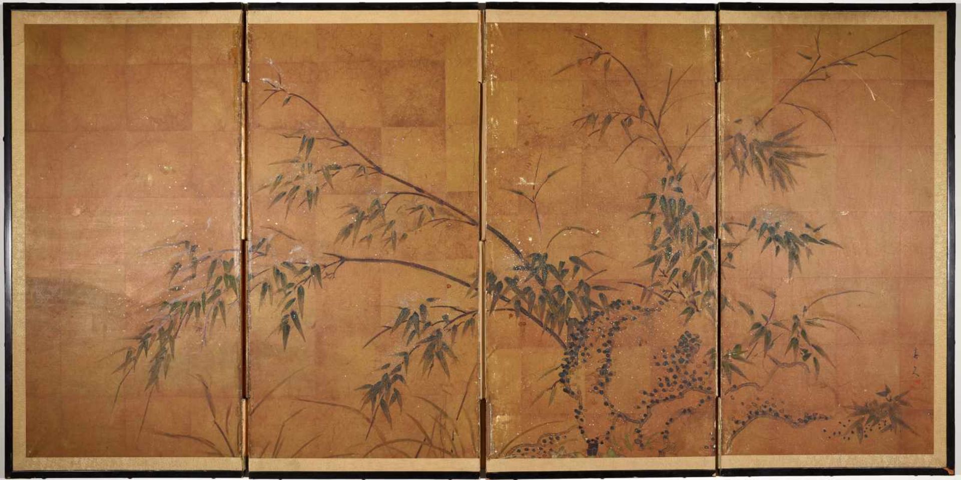 A FOUR PANEL STANDING SCREEN WITH BAMBOOWood, ink and color on paper, brass fittingsJapan, 19th