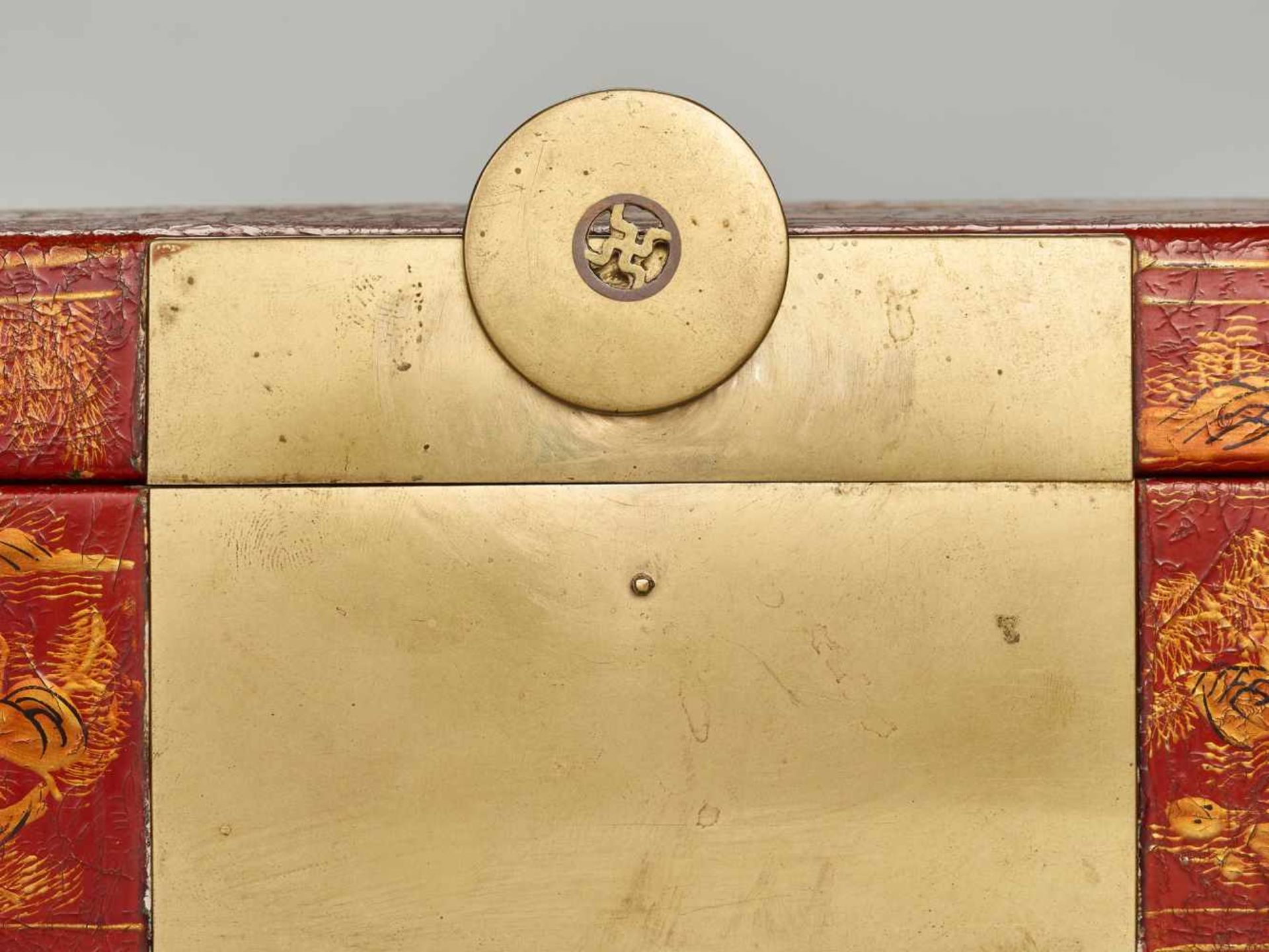 A BRASS FITTED PIG SKIN LACQUER BOX WITH VILLAGE SCENES, QING DYNASTY Pig skin on wooden body, - Image 8 of 11