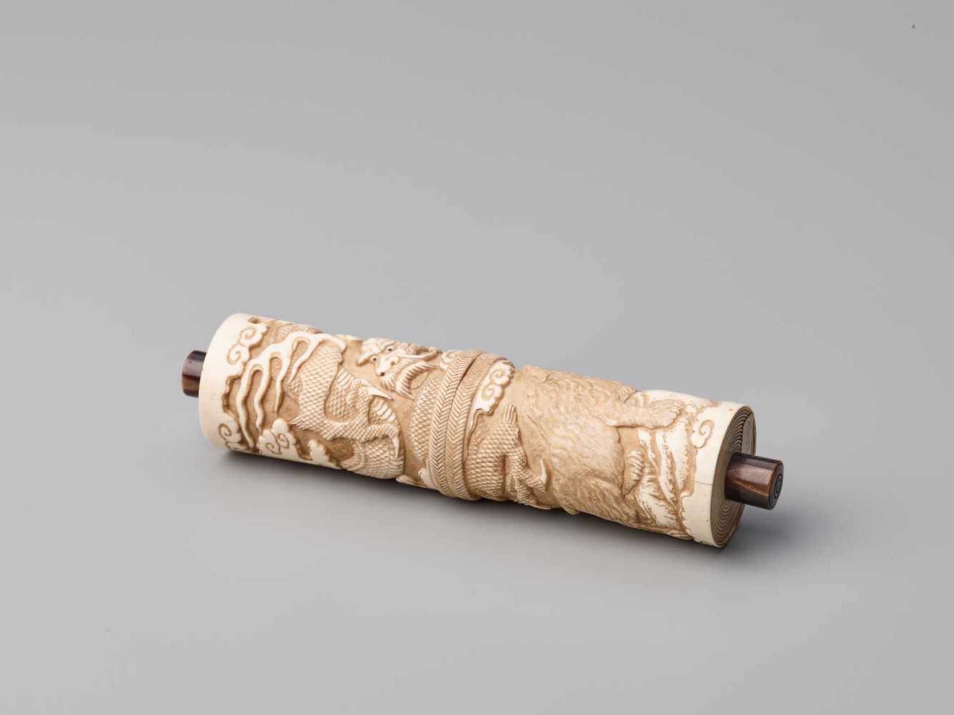 A RARE JAPANESE STAG ANTLER SCROLL CASE FOR A BUDDHIST SUTRA WITH DRAGON AND TIGERStag antler with - Image 10 of 12