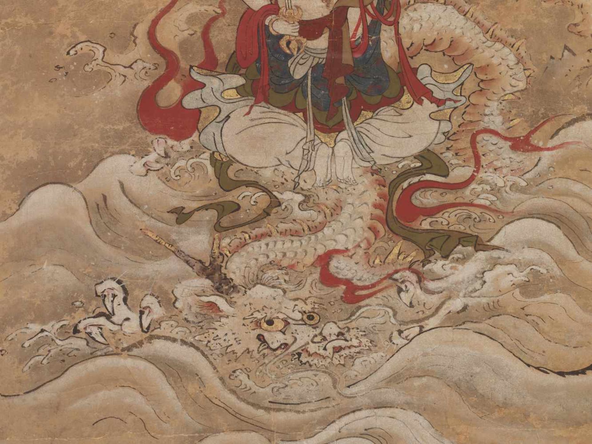 AN UNUSUAL AND RARE PAINTING OF FUDO MYO-O (ACALA)Colors and ink on paper, silk mountingJapan, - Image 4 of 5