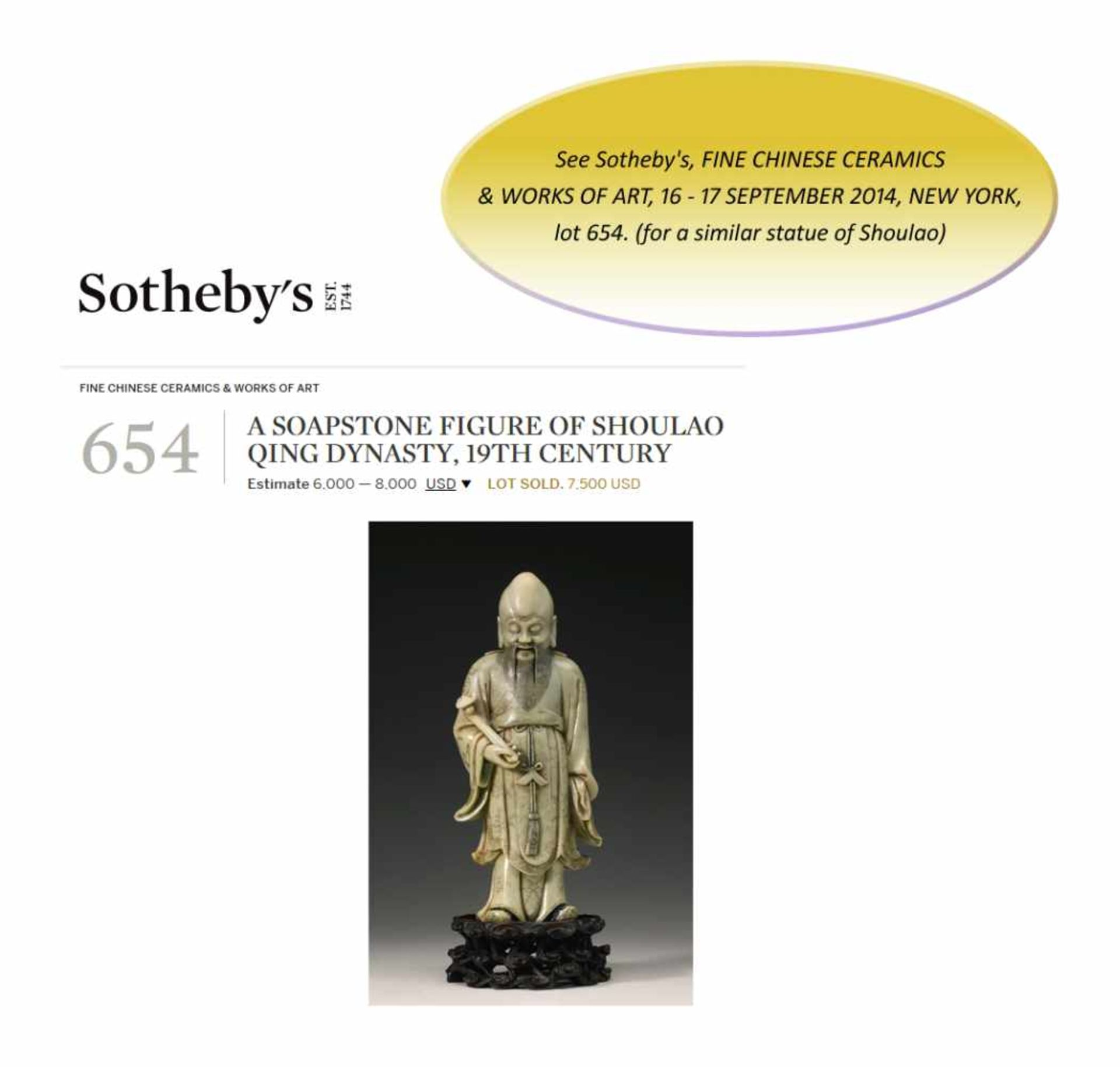 A SOAPSTONE FIGURE OF SHOULAO, QING DYNASTY, 19TH CENTURYThe beige stone finished with a refined - Image 9 of 9