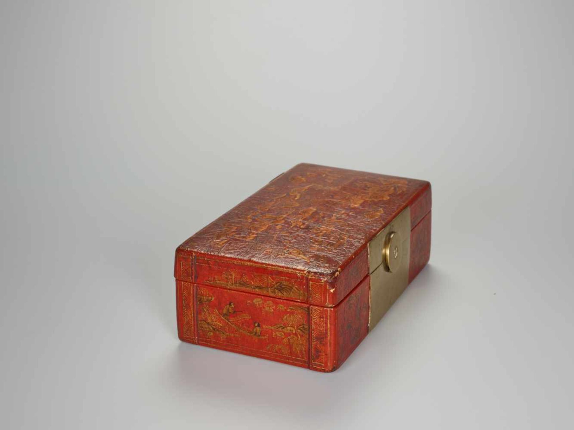 A BRASS FITTED PIG SKIN LACQUER BOX WITH VILLAGE SCENES, QING DYNASTY Pig skin on wooden body, - Image 7 of 11