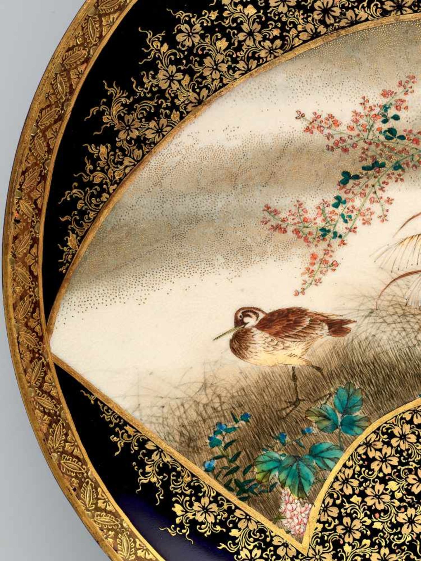 A FINE SATSUMA PLATE BY KINKOZAN DECORATED WITH A SNIPE AMONGST BLOSSOMSSatsuma ceramicJapan, late - Image 3 of 8