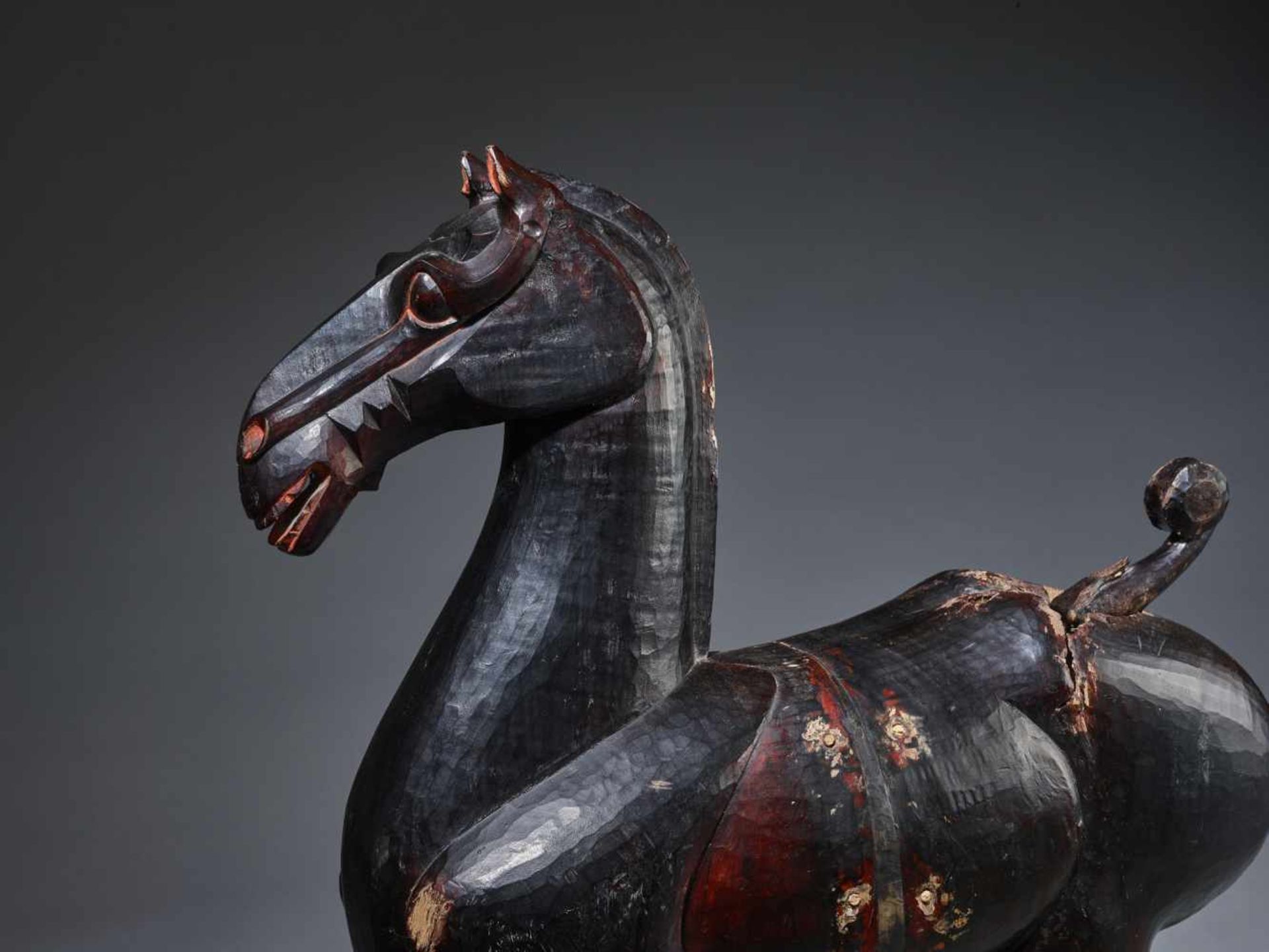 A LARGE AND MASSIVE LACQUERED WOOD STATUE OF A HORSE, SICHUAN, HAN DYNASTY Carved of two jointed - Image 12 of 15