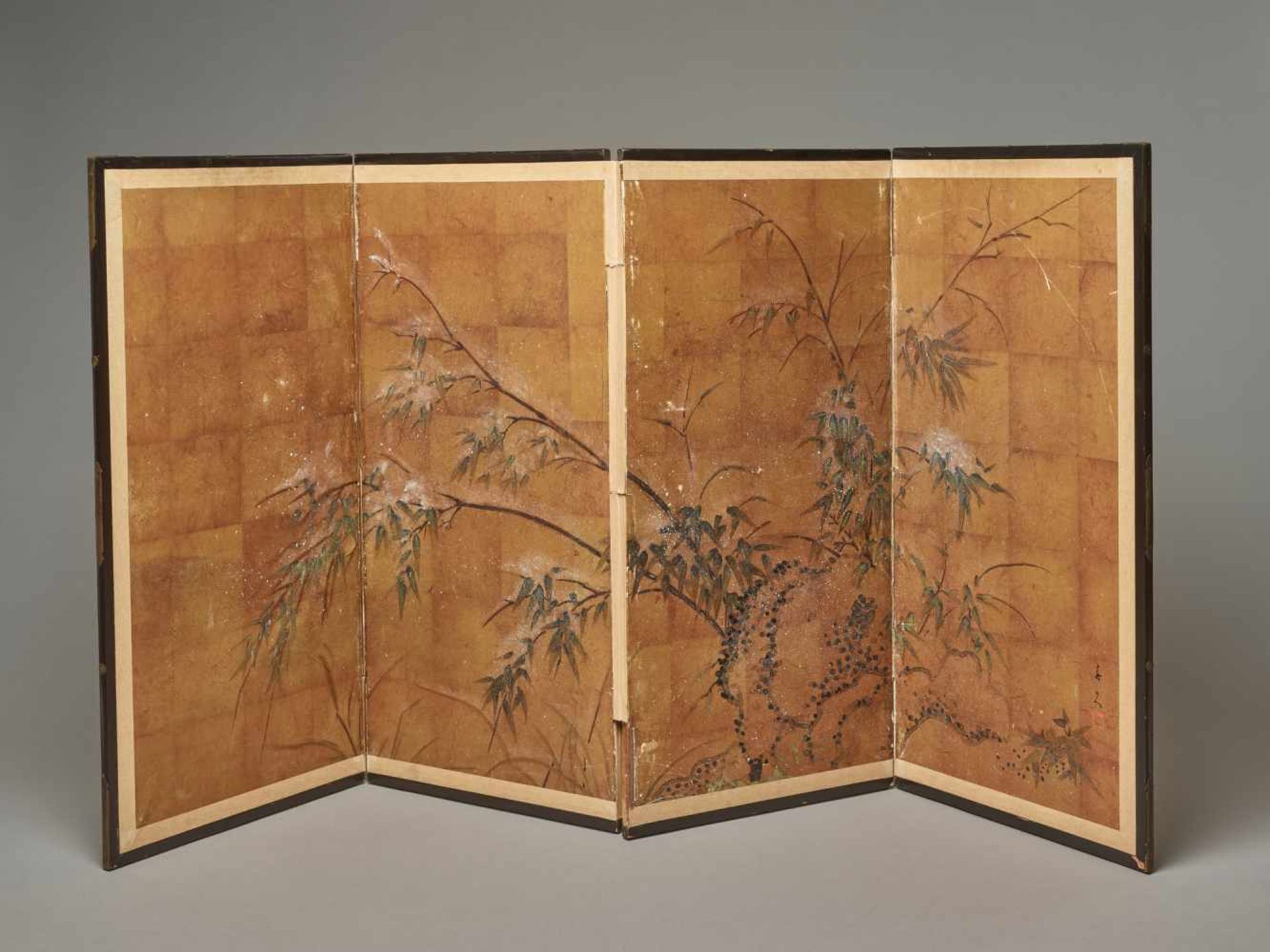 A FOUR PANEL STANDING SCREEN WITH BAMBOOWood, ink and color on paper, brass fittingsJapan, 19th - Image 4 of 5