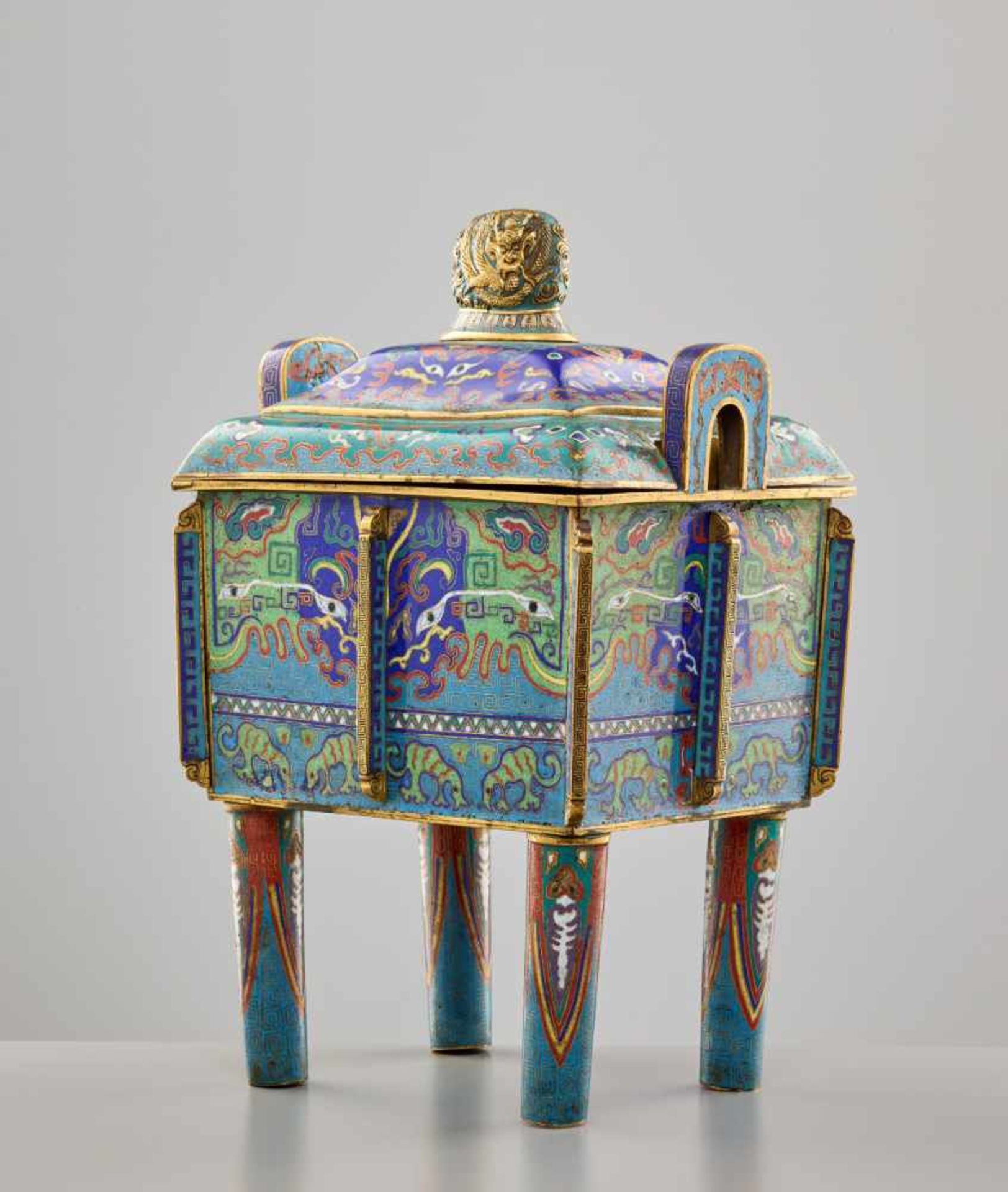 A CLOISONNÉ ENAMEL CENSER AND COVER, FANGDING, QING DYNASTYThe massively cast bronze vessel with