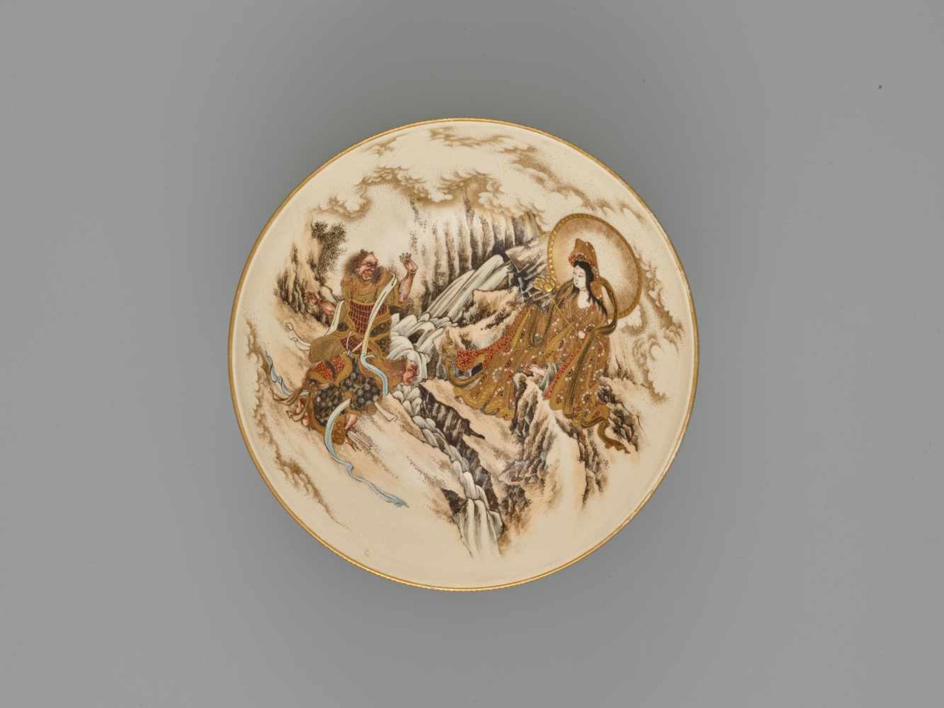 AN EXCELLENT DEEP SATSUMA BOWL DEPICTING KANNON AND TWO ONI ATTRIBUTED TO THE KINKOZAN - Image 3 of 11