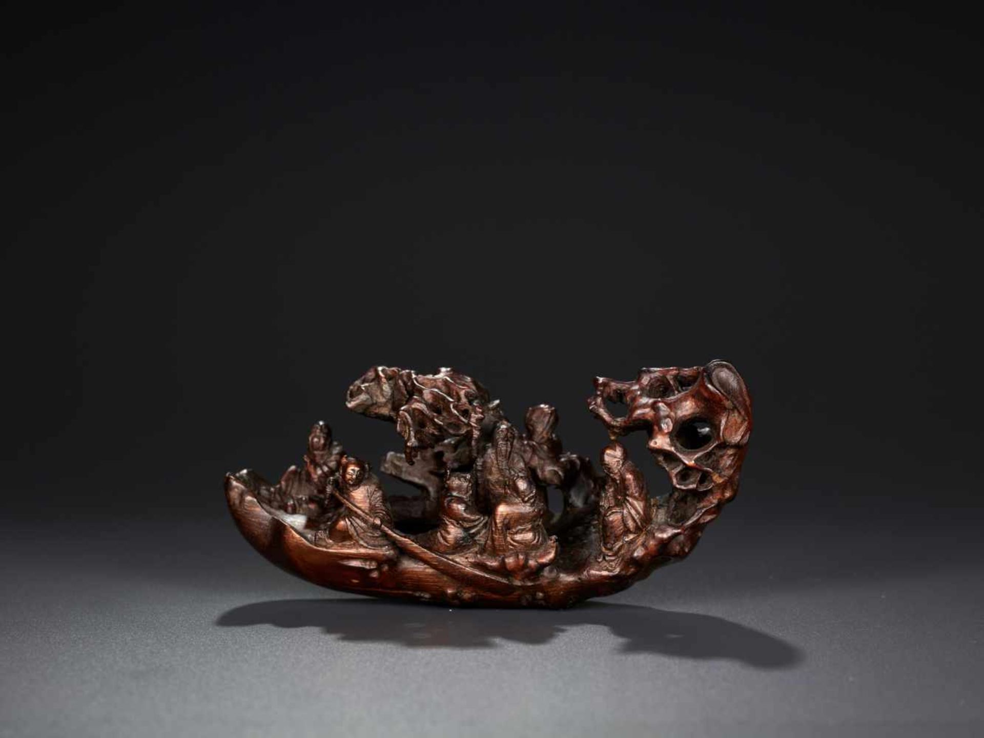 AN 18TH CENTURY BAMBOO-ROOT LOG RAFT CARVING WITH IMMORTALS Bamboo root China, 18th century This