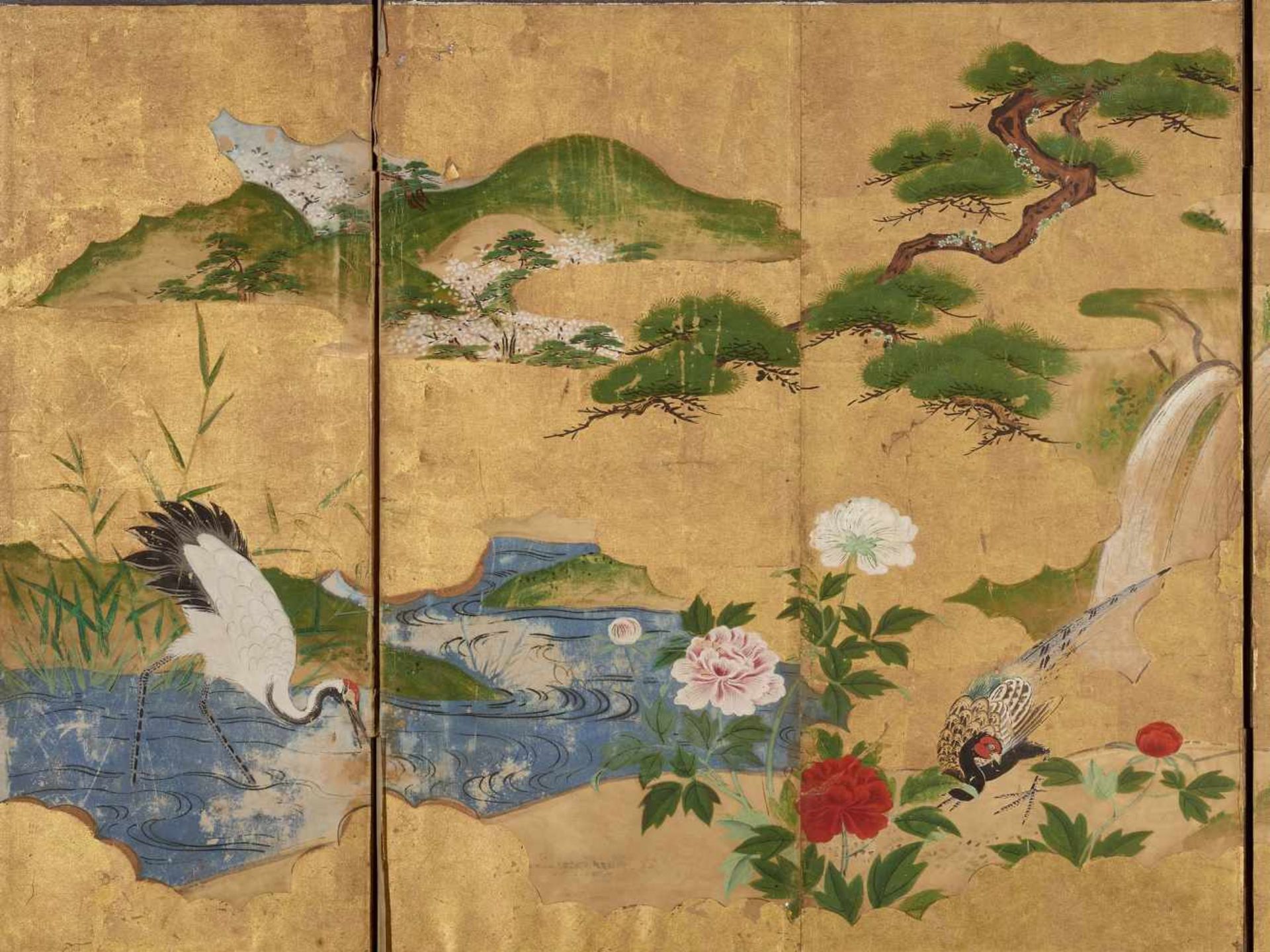 A KANO SCHOOL FOUR PANEL STANDING SCREEN WITH BIRDS AND PINE TREEWood, gold and silver paper, ink - Image 2 of 5