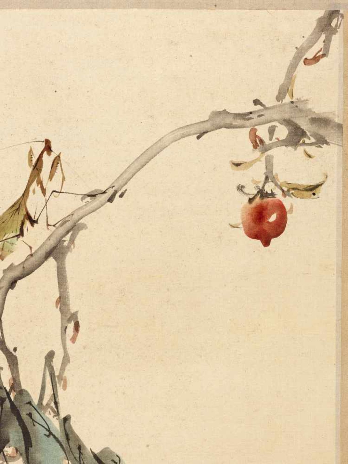 A PAINTING WITH A MANTIS ON A FRUITING BRANCH OF POMEGRANATEInk and colors on paper. Japan, 19th - Image 4 of 6