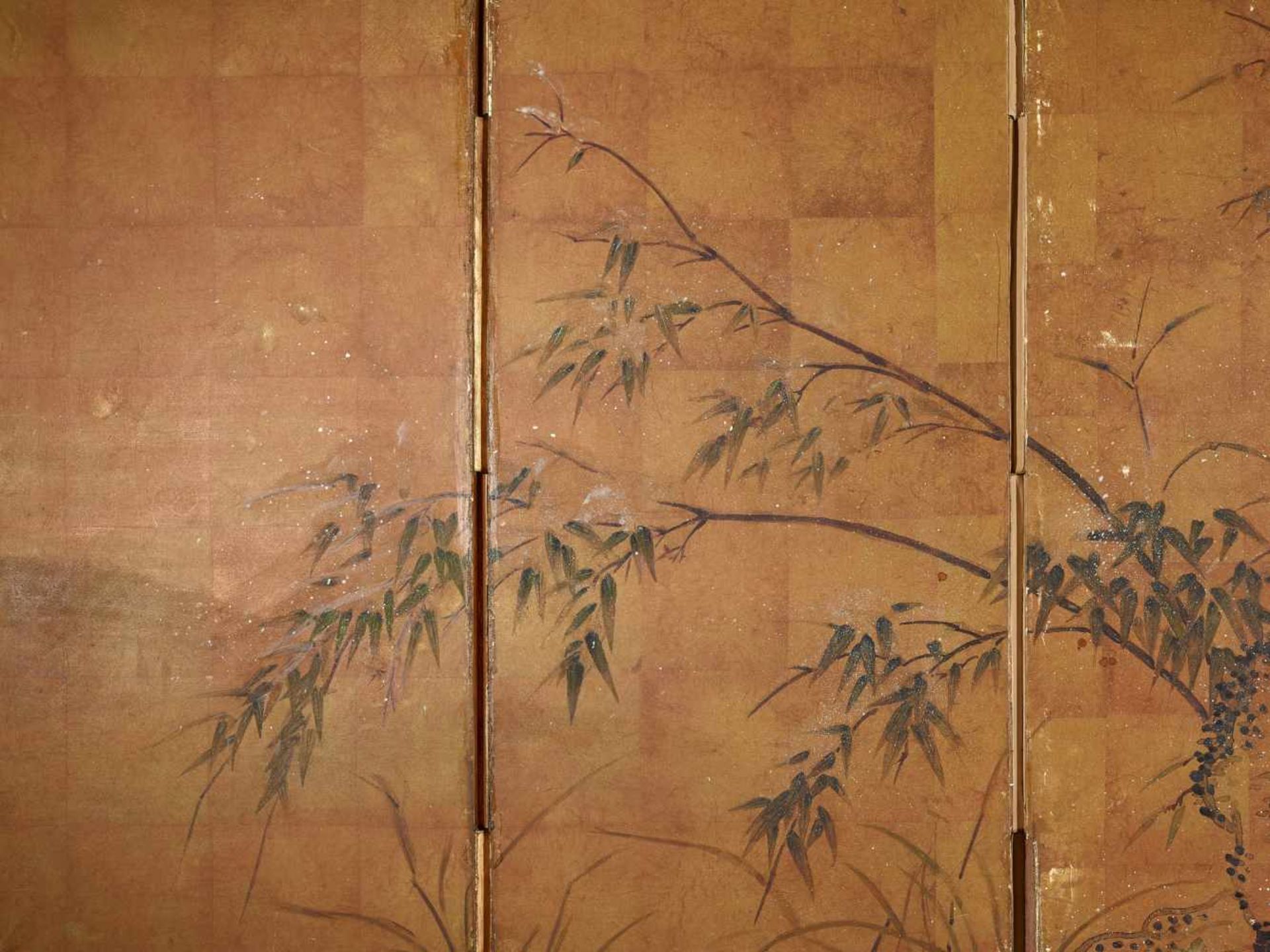 A FOUR PANEL STANDING SCREEN WITH BAMBOOWood, ink and color on paper, brass fittingsJapan, 19th - Image 2 of 5