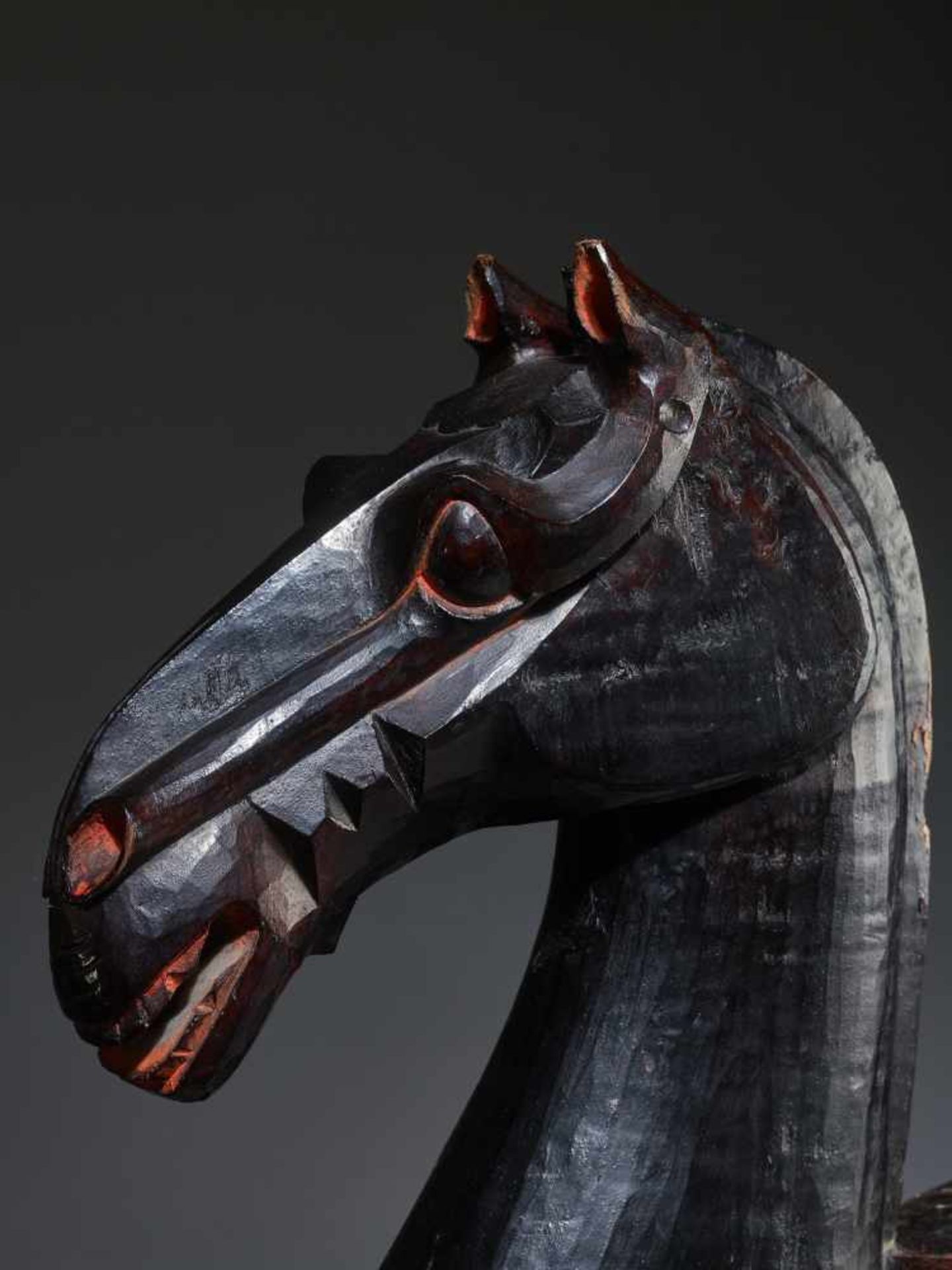 A LARGE AND MASSIVE LACQUERED WOOD STATUE OF A HORSE, SICHUAN, HAN DYNASTY Carved of two jointed - Image 14 of 15