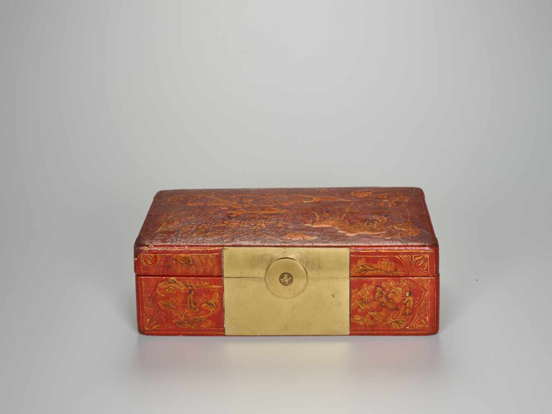 A BRASS FITTED PIG SKIN LACQUER BOX WITH VILLAGE SCENES, QING DYNASTY Pig skin on wooden body, - Image 2 of 11