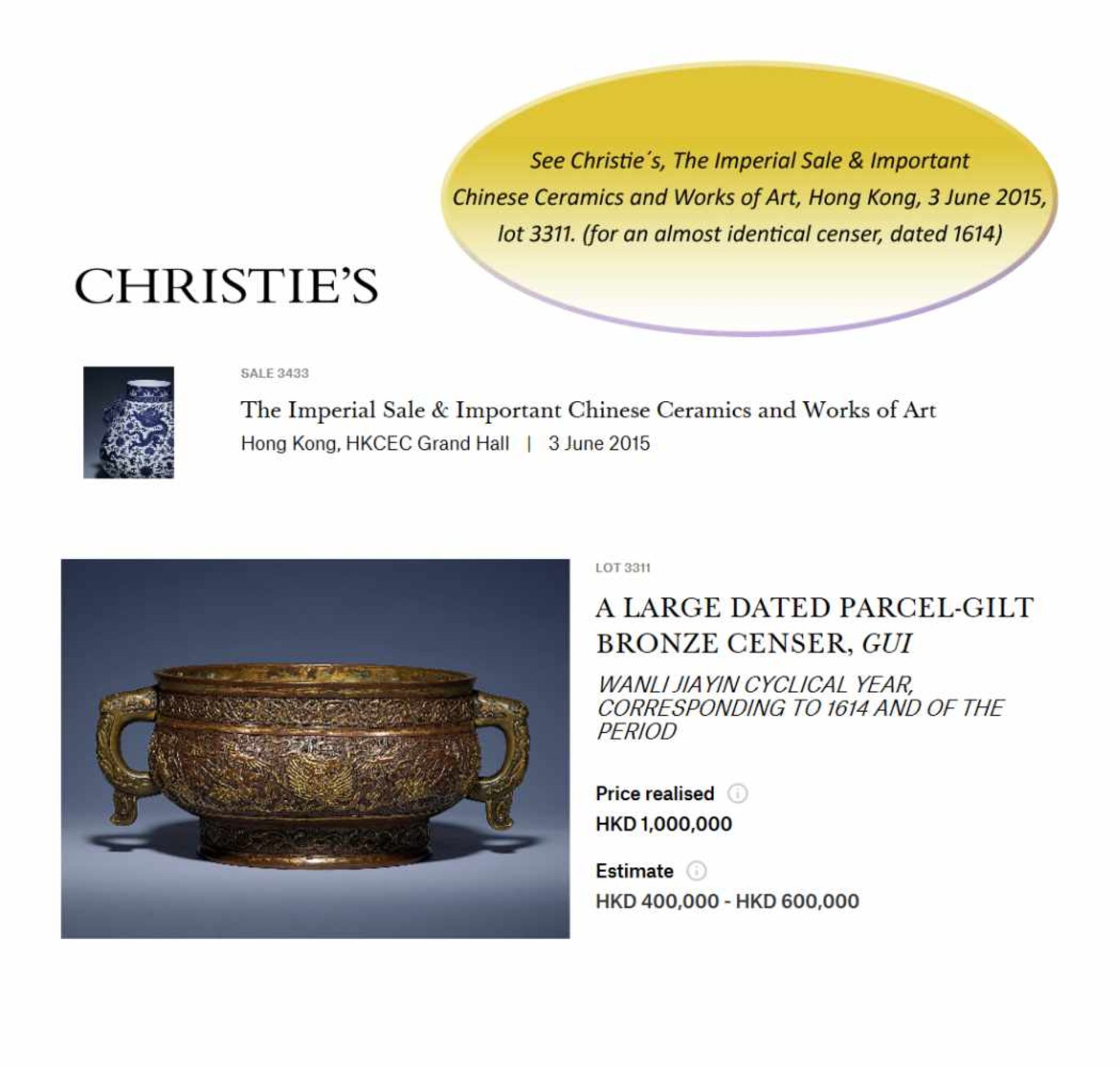 A LARGE PARCEL-GILT BRONZE CENSER, GUI, WANLI PERIOD, HU WENMING MARK THIS LOT IS PUBLISHED in - Image 10 of 13