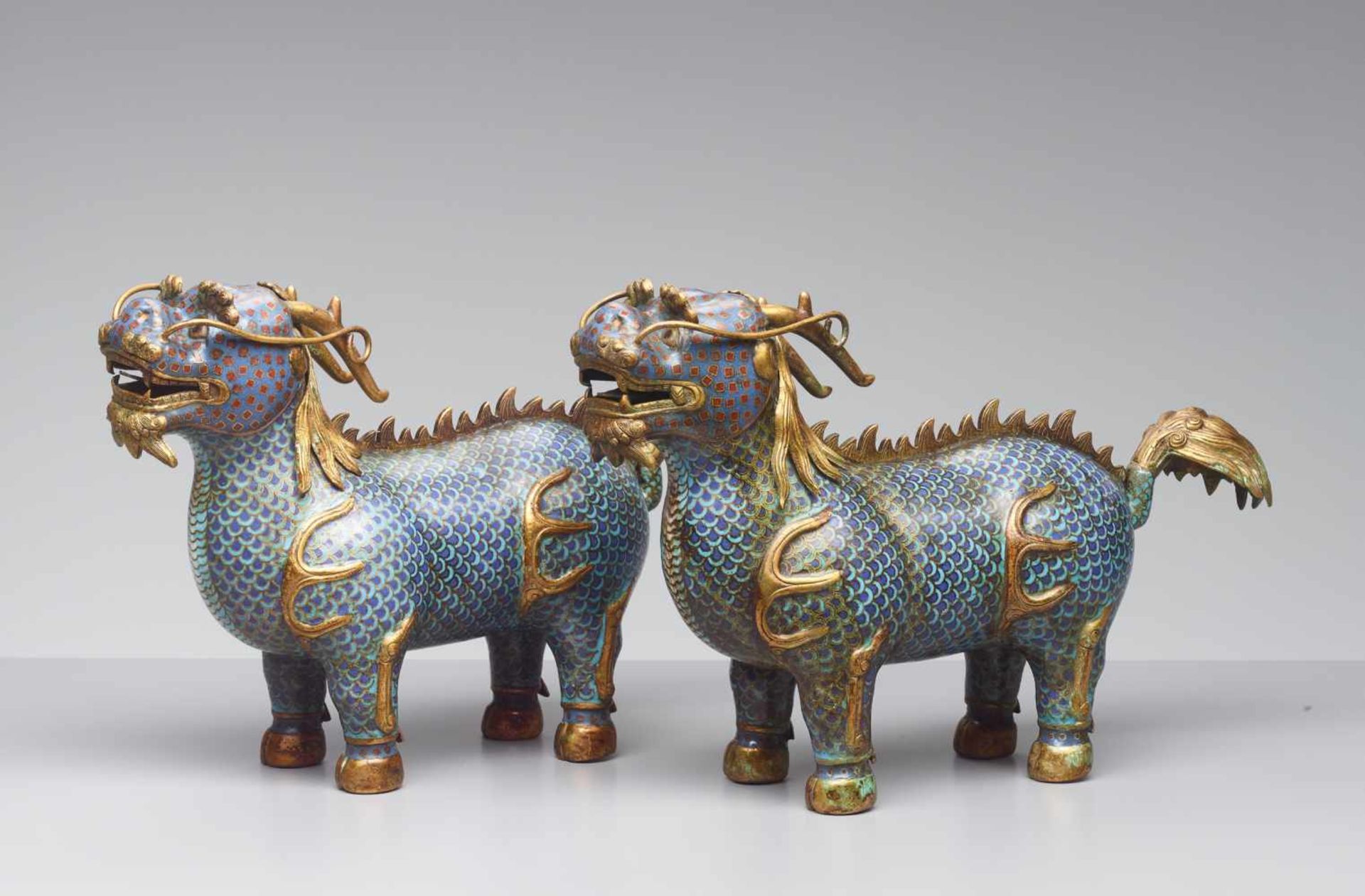 TWO CLOISONNÉ ENAMEL QILIN, QING DYNASTY The bronze bodies with polychrome cloisonné enamels and - Image 3 of 10