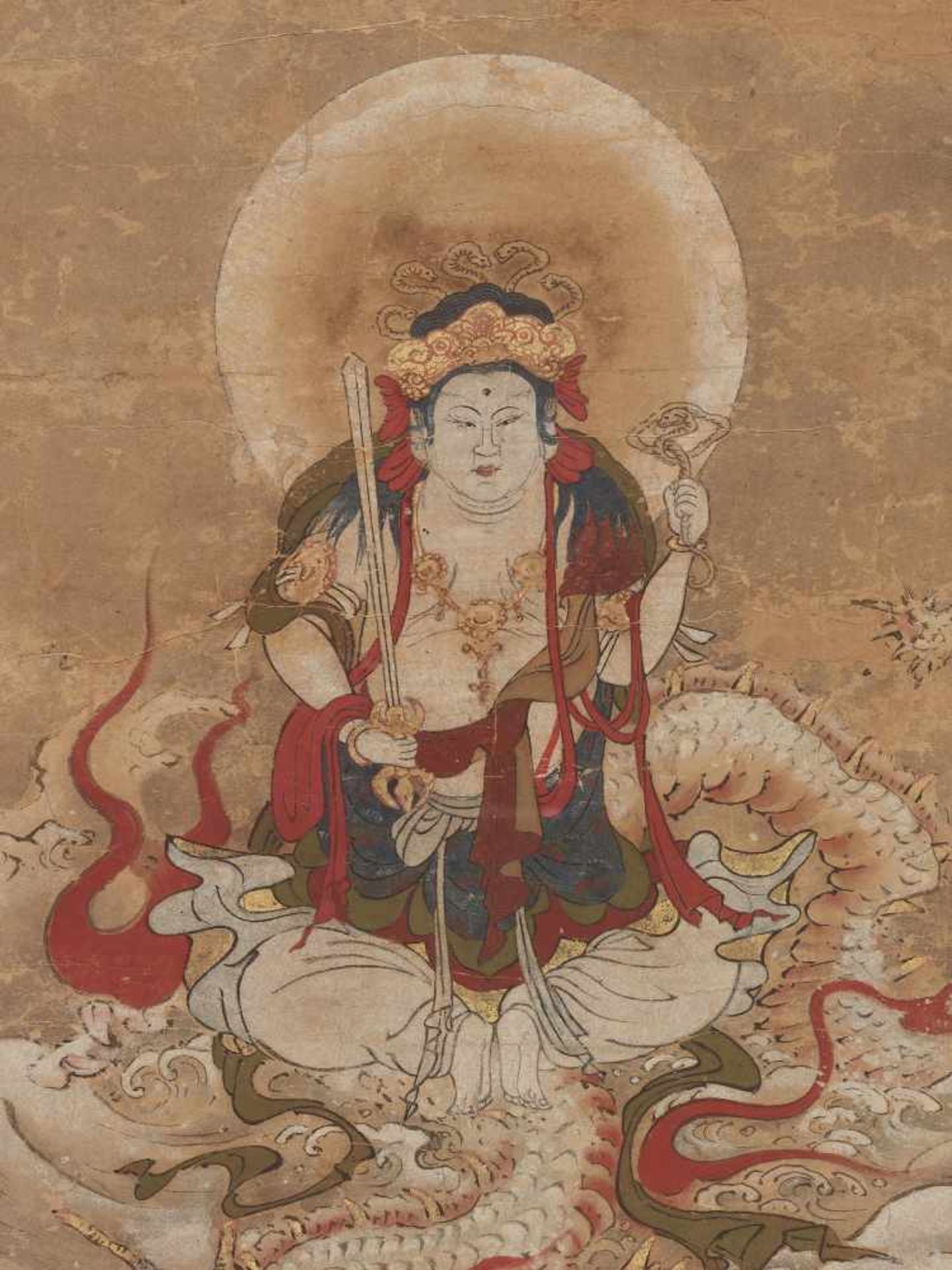 AN UNUSUAL AND RARE PAINTING OF FUDO MYO-O (ACALA)Colors and ink on paper, silk mountingJapan, - Image 3 of 5