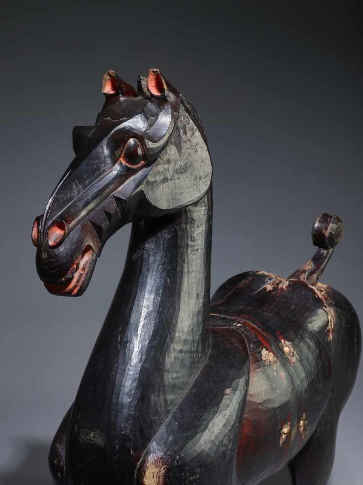 A LARGE AND MASSIVE LACQUERED WOOD STATUE OF A HORSE, SICHUAN, HAN DYNASTY Carved of two jointed - Image 8 of 15