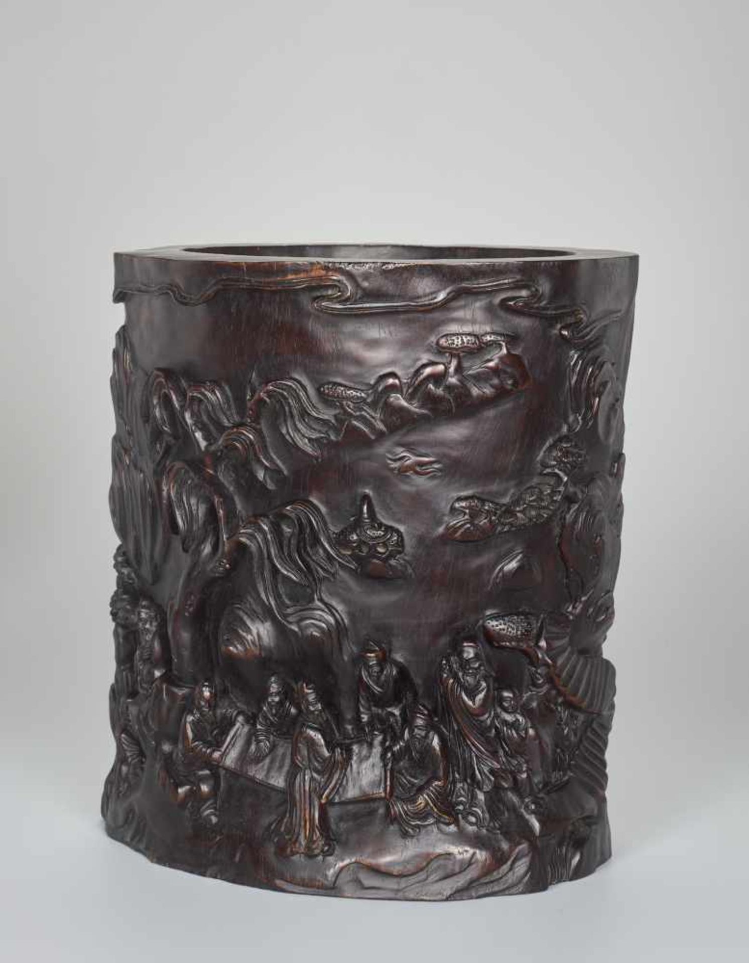 A LARGE ZITAN ‘TREE TRUNK’ BRUSHPOT WITH SCHOLARS, QING DYNASTY Carved Zitan wood, signed Wu Shi, - Image 3 of 11